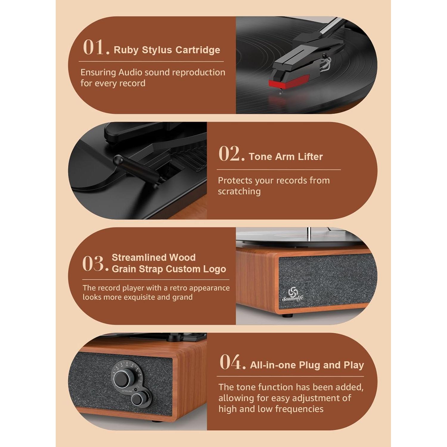 Reproductor de Vinilo Vintage Seasonlife R621 3 Velocidades Bluetooth