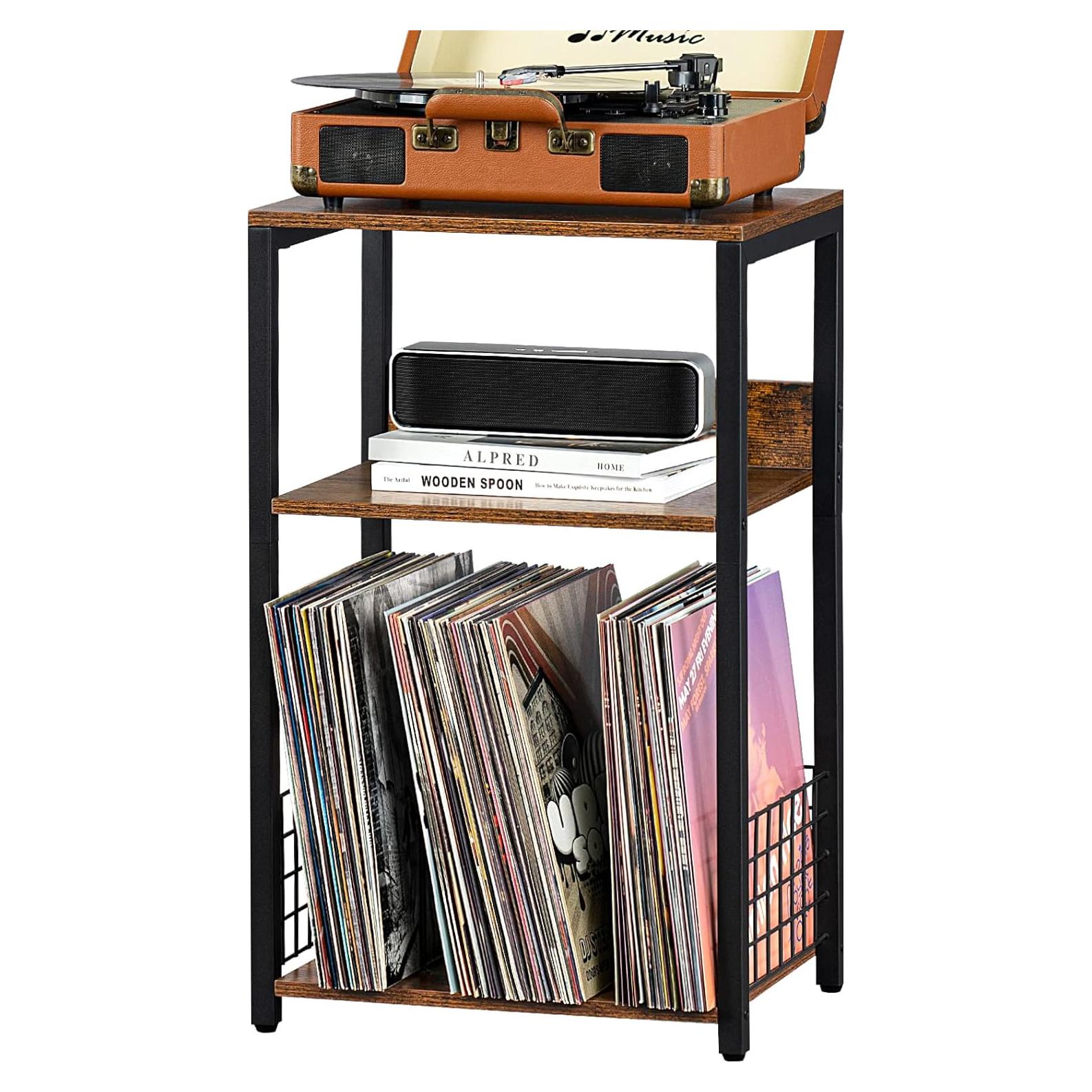 Mesa Lateral LELELINKY de 3 Niveles para Tocadiscos y Vinilos