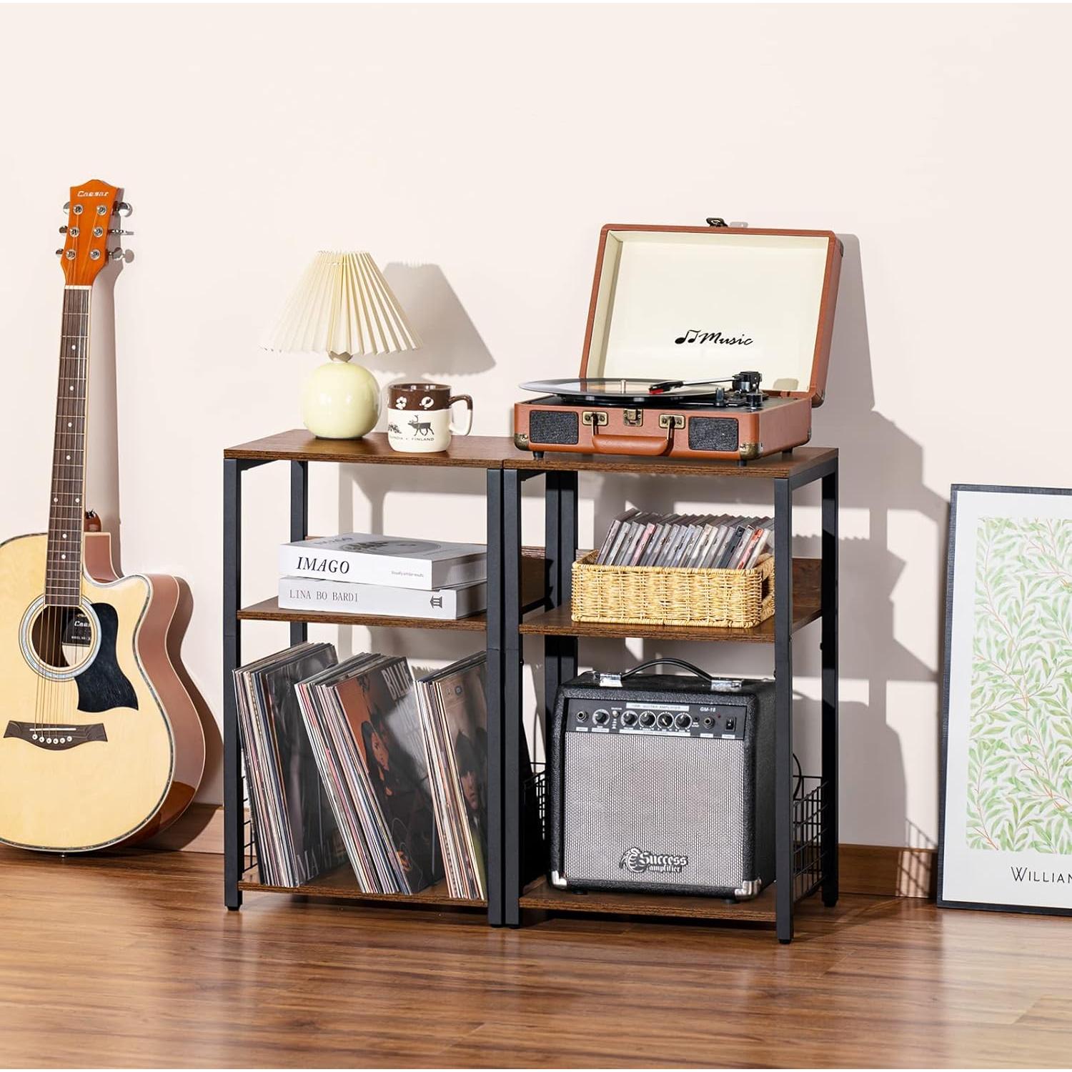 Mesa Lateral LELELINKY de 3 Niveles para Tocadiscos y Vinilos