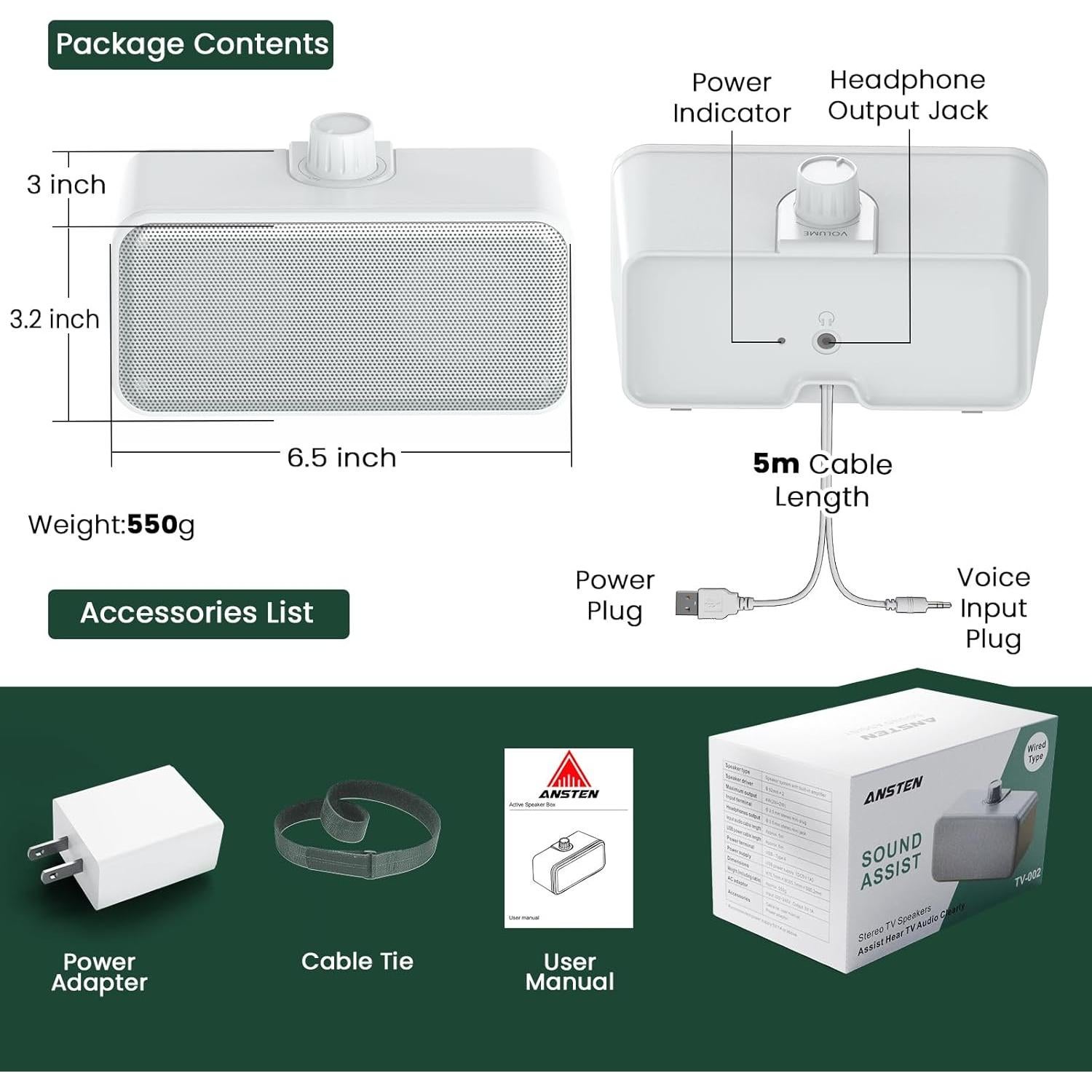 Altavoces Con Cable ANSTEN para TV 5M, Sonido Claro y Fácil Uso