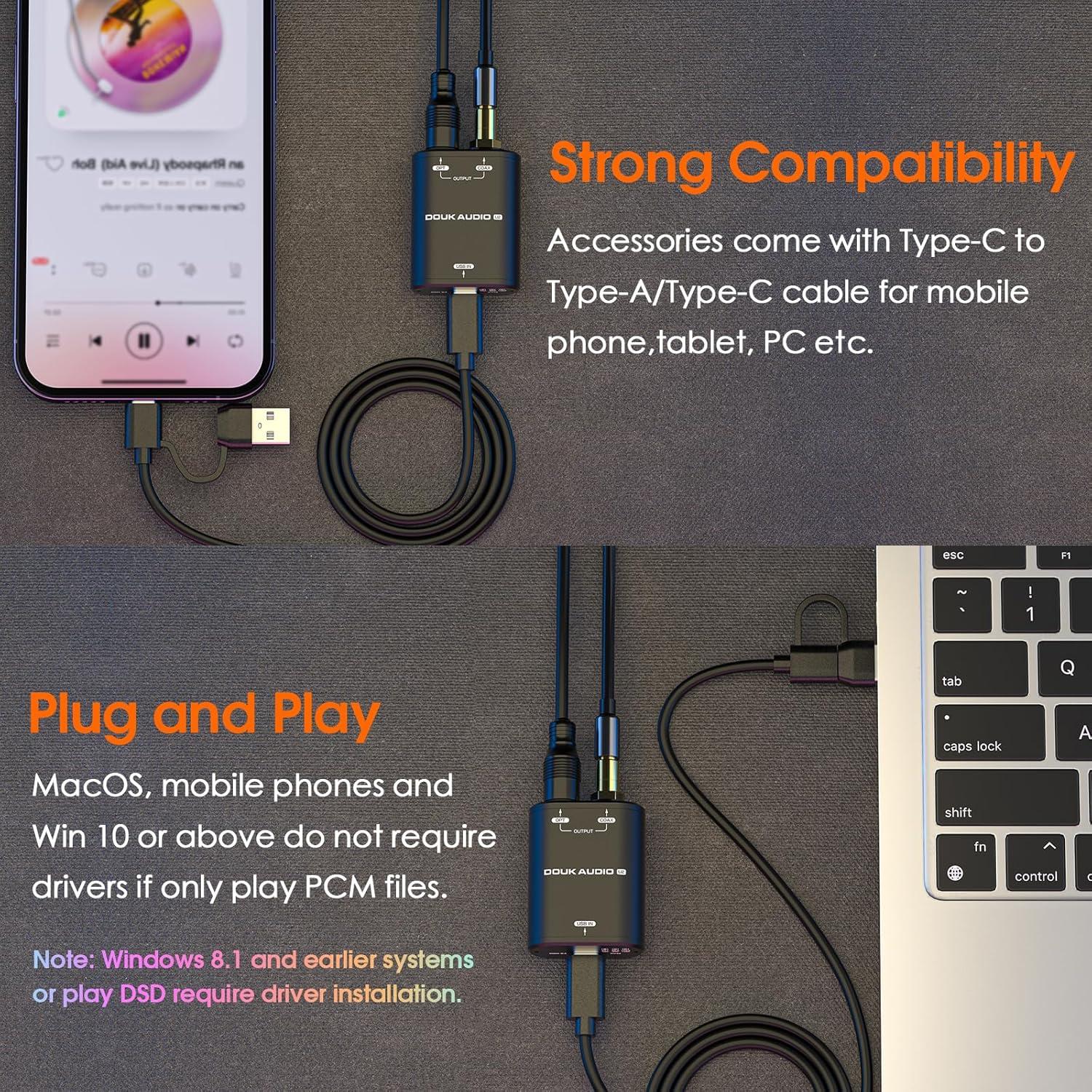 Convertidor USB a SPDIF Douk Audio U2 - Adaptador Hi-Res Óptico/Coaxial