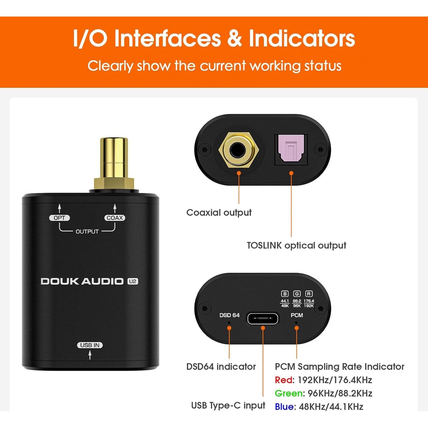 Convertidor USB a SPDIF Douk Audio U2 - Adaptador Hi-Res Óptico/Coaxial