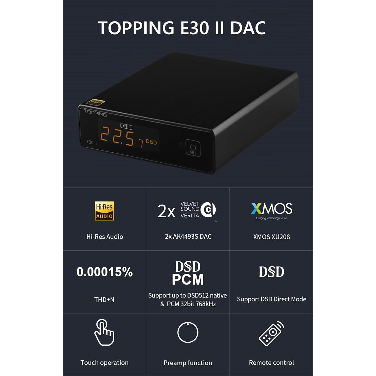 DAC TOPPING E30 II - Chips AK4493S, 24bit/192kHz, Plata