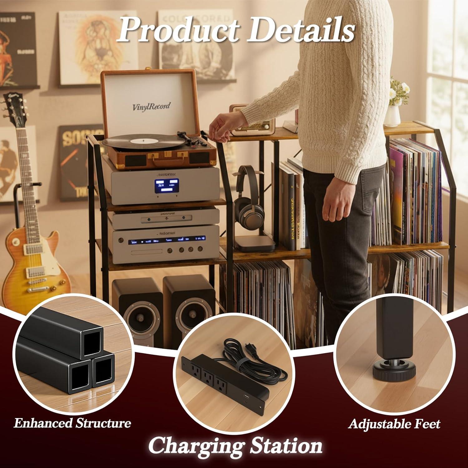 Soporte para Tocadiscos Faesun con Estación de Carga USB y Almacenamiento para 500 LPs