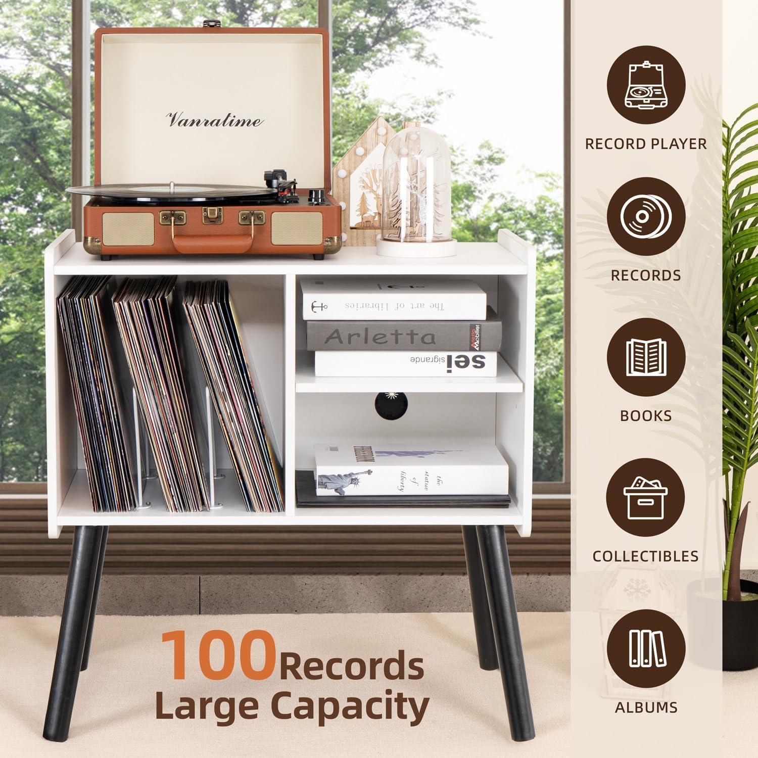 Soporte para Tocadiscos Beroxii Blanco con Almacenamiento para 150 Álbumes