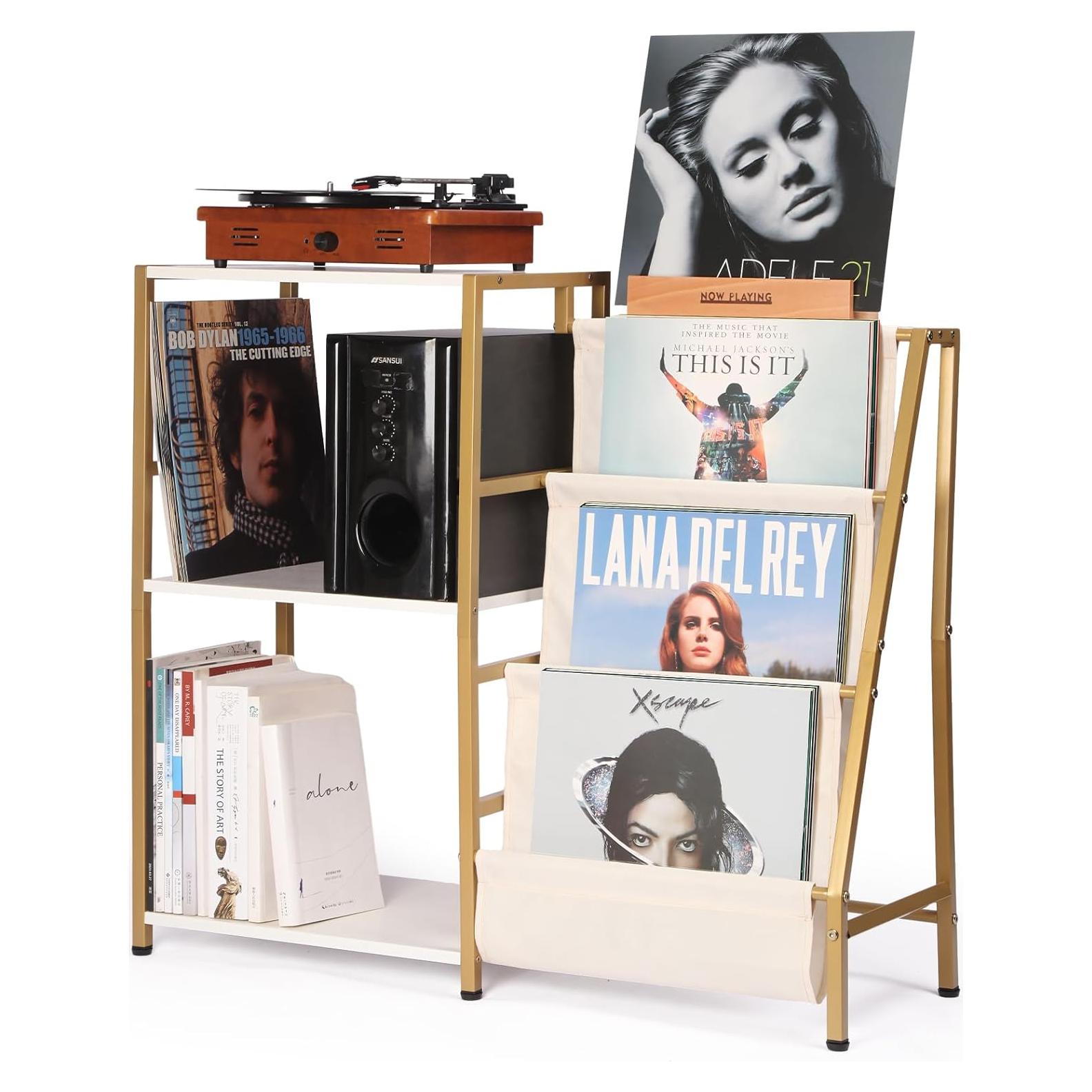 Soporte para Tocadiscos HYCFYJR 3 Niveles Blanco y Dorado