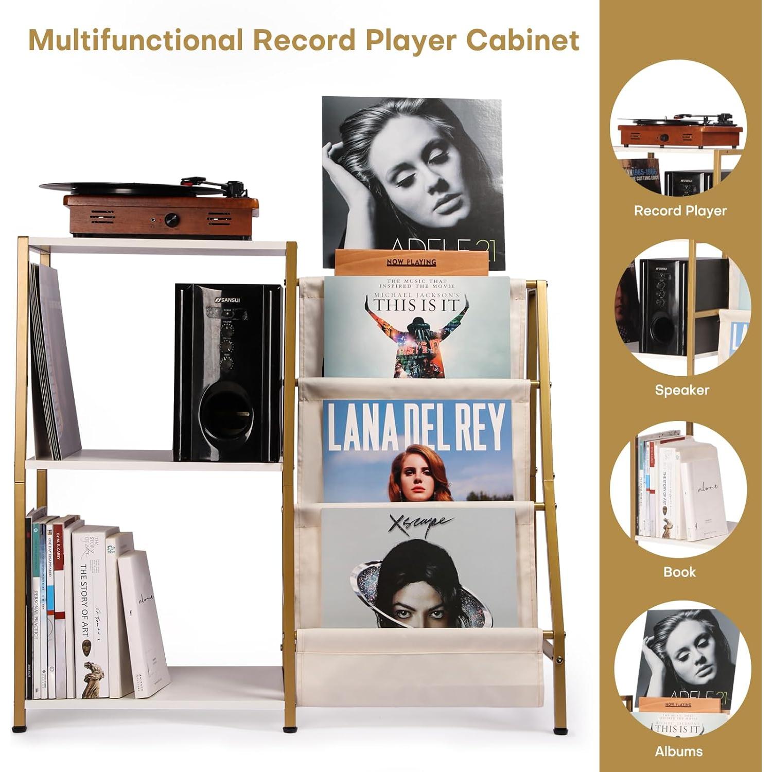 Soporte para Tocadiscos HYCFYJR 3 Niveles Blanco y Dorado