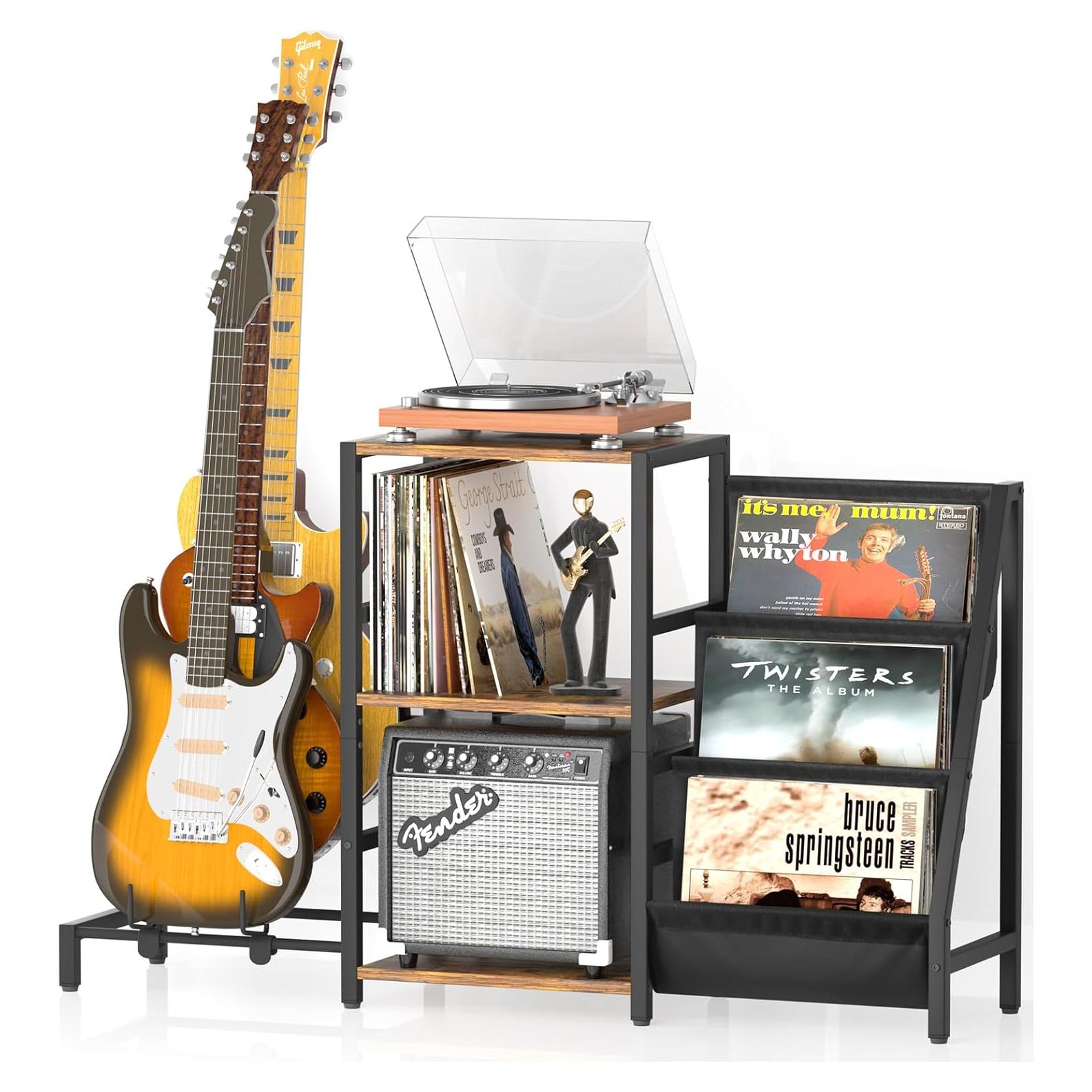 Soporte para tocadiscos y guitarra Bikoney, 3 niveles, Marrón