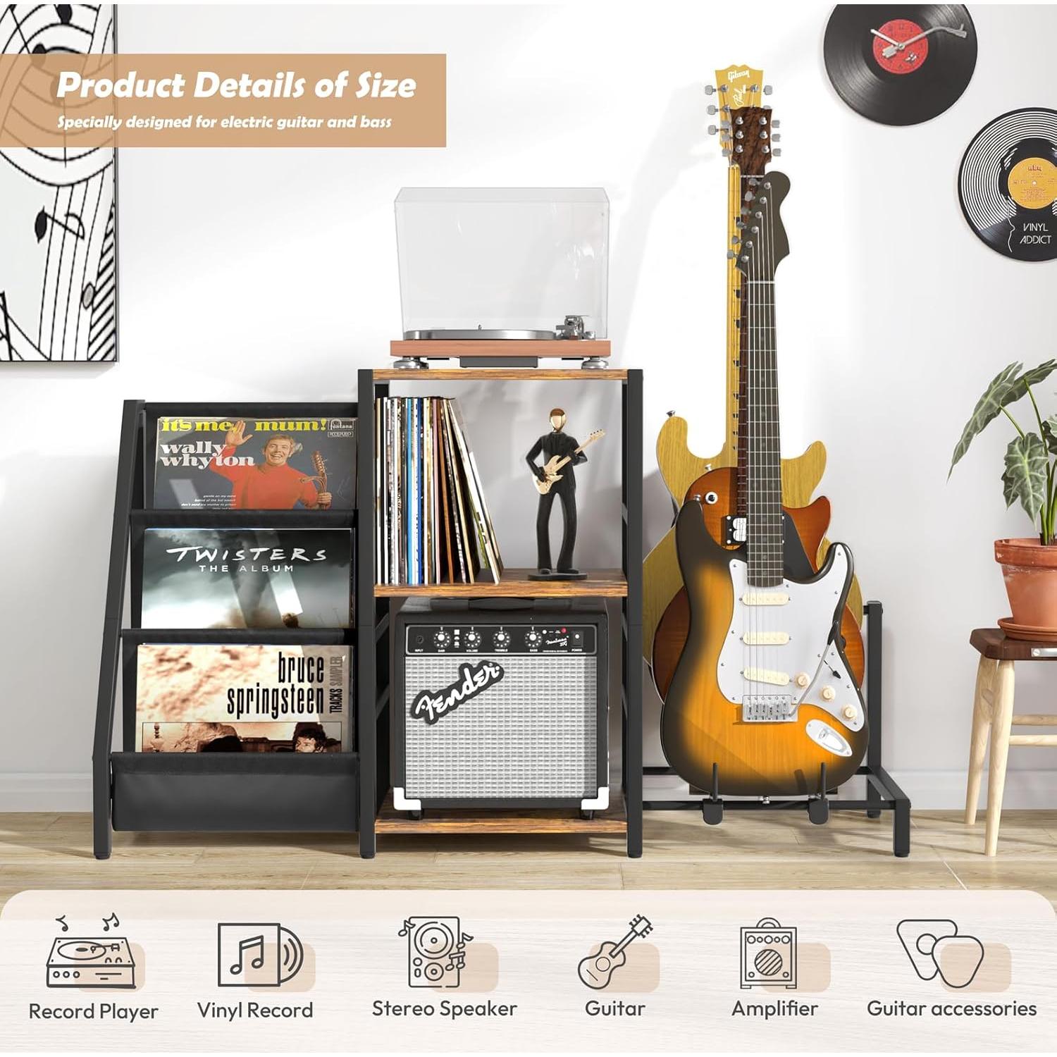 Soporte para tocadiscos y guitarra Bikoney, 3 niveles, Marrón