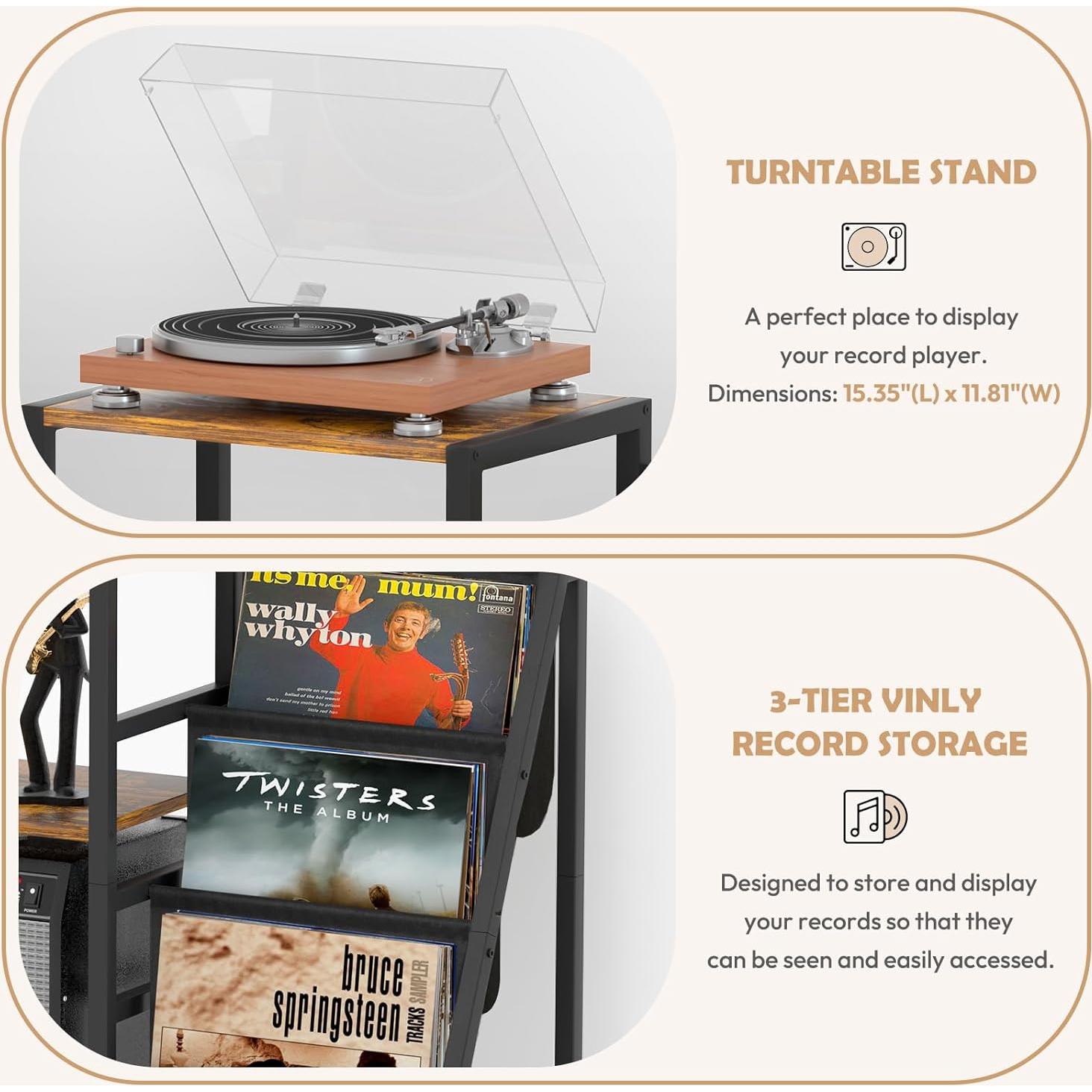 Soporte para tocadiscos y guitarra Bikoney, 3 niveles, Marrón