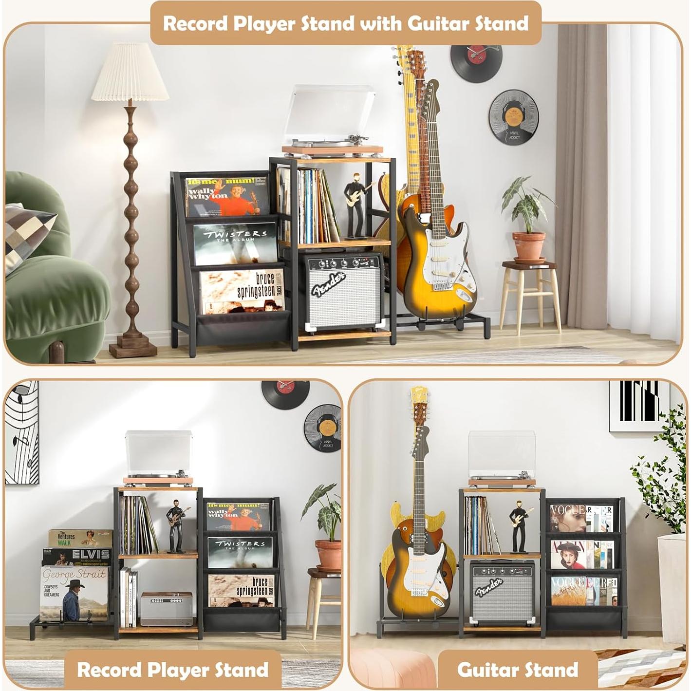 Soporte para tocadiscos y guitarra Bikoney, 3 niveles, Marrón