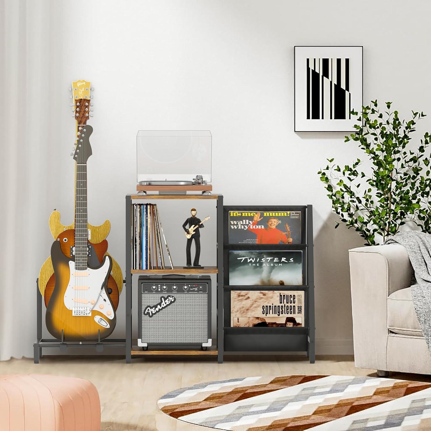 Soporte para tocadiscos y guitarra Bikoney, 3 niveles, Marrón