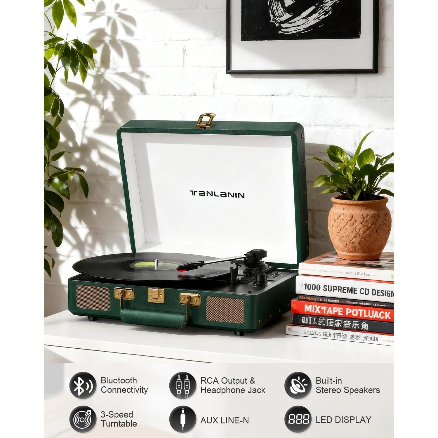 Reproductor de Vinilo Bluetooth TANLANIN TE-2026 Verde Oscuro