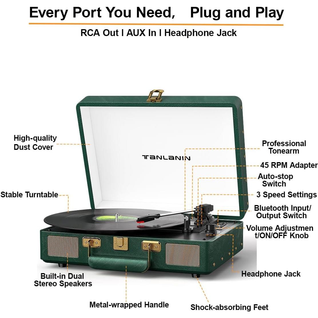 Reproductor de Vinilo Bluetooth TANLANIN TE-2026 Verde Oscuro