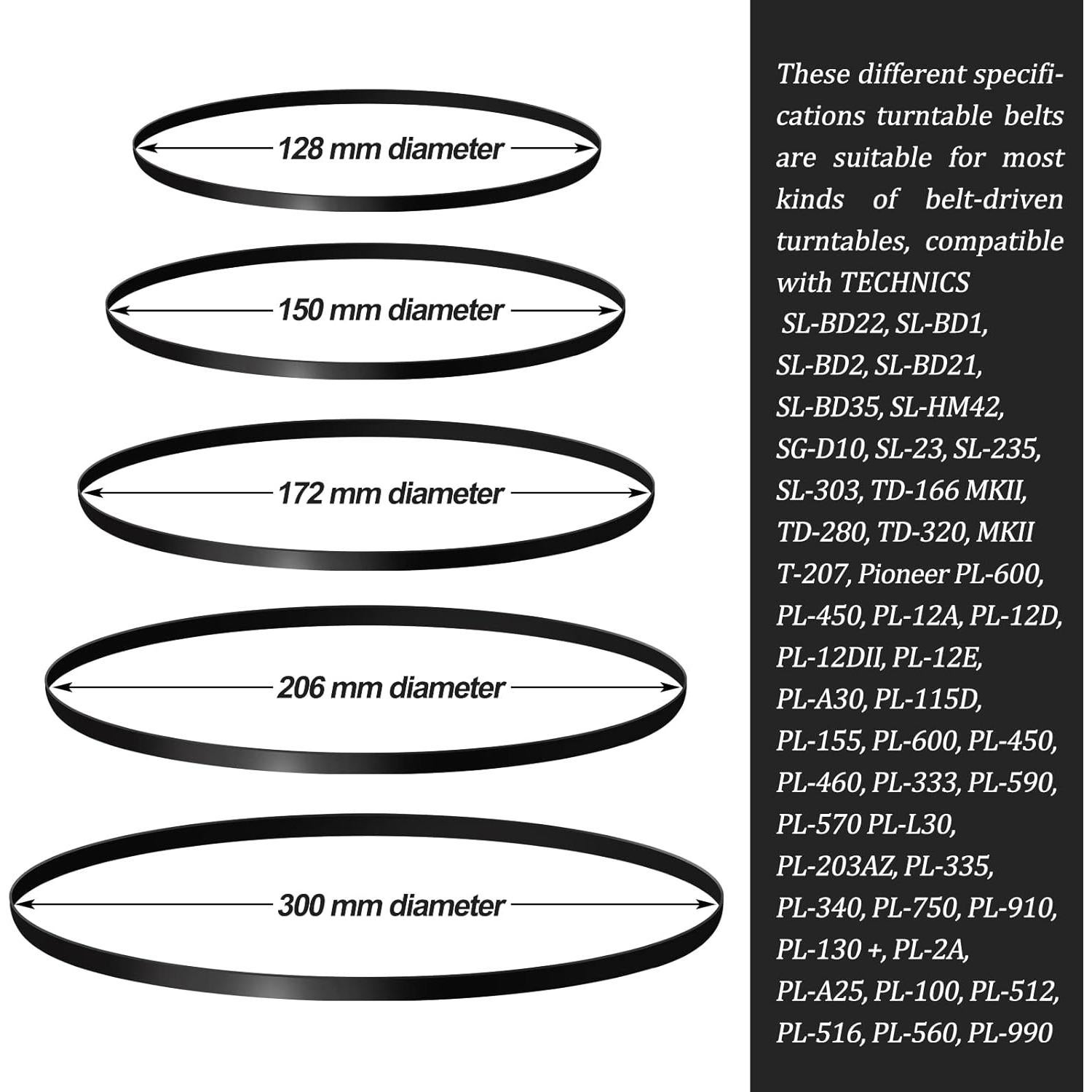 10 Correás de Goma para Giradiscos Frienda - 5 Tamaños