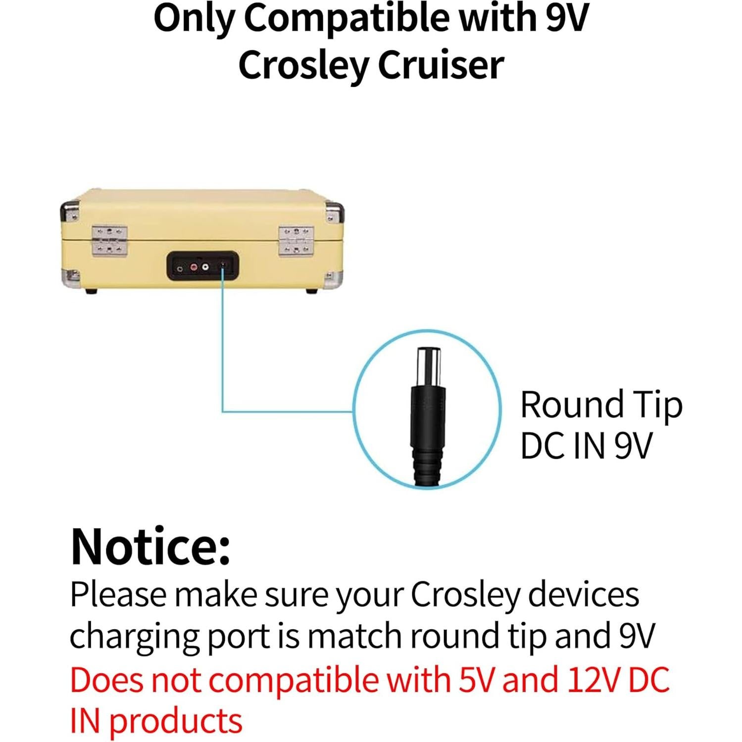 Cable de Alimentación 9V WUKUR para Tocadiscos Crosley 1.8M