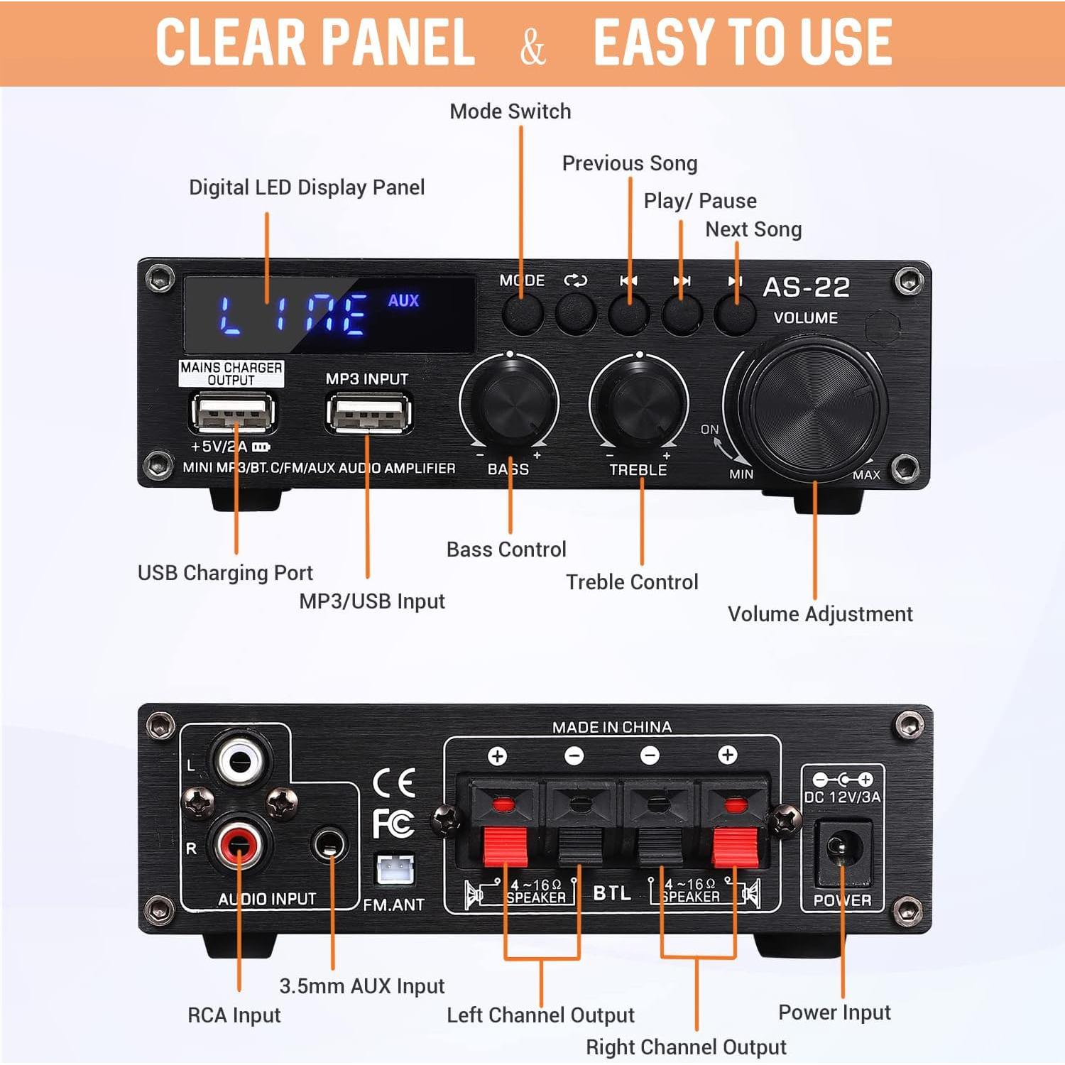 Amplificador Estéreo Mini Sunbuck AS-22BU Bluetooth 300W