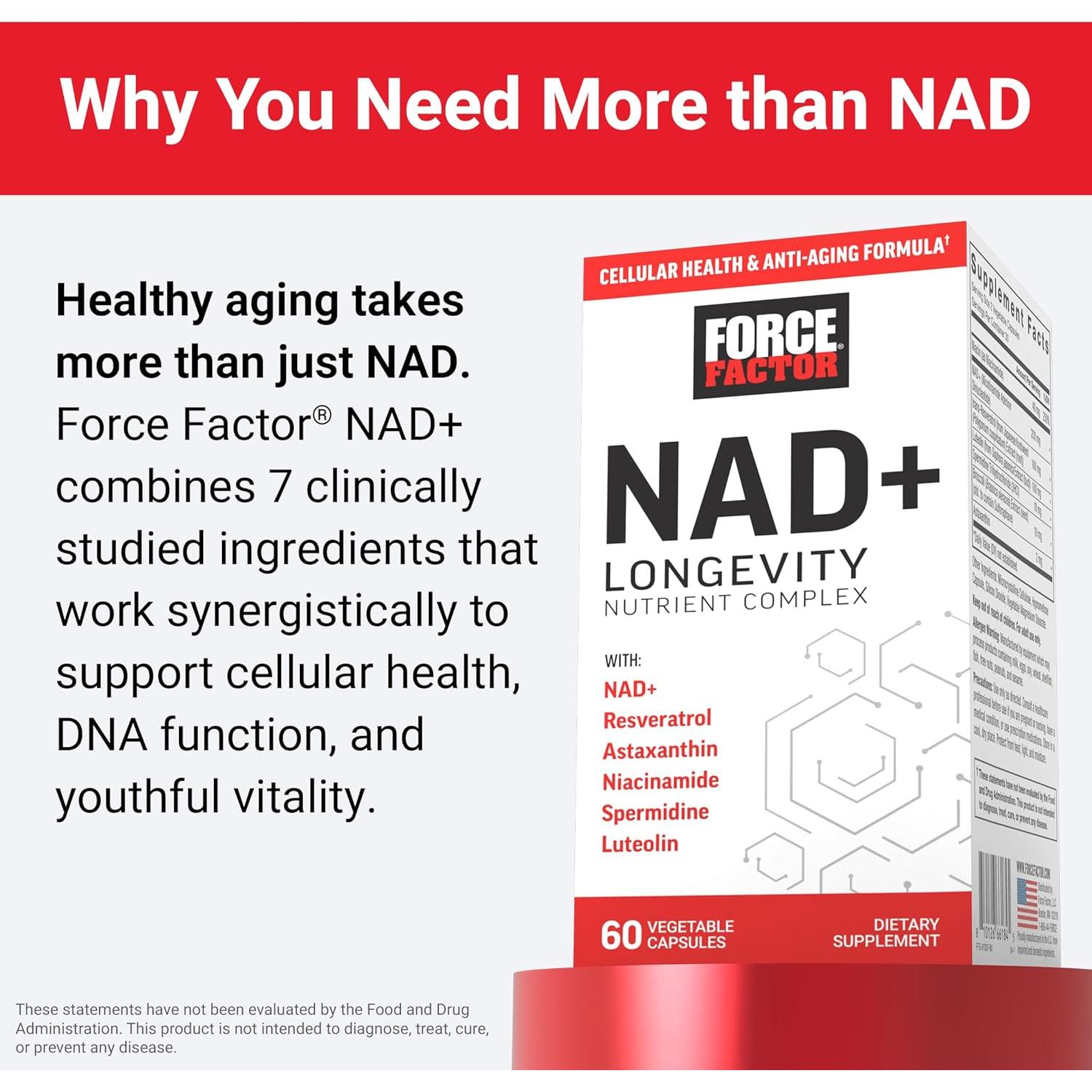 Suplemento NAD+ Force Factor 60 Cápsulas Antienvejecimiento