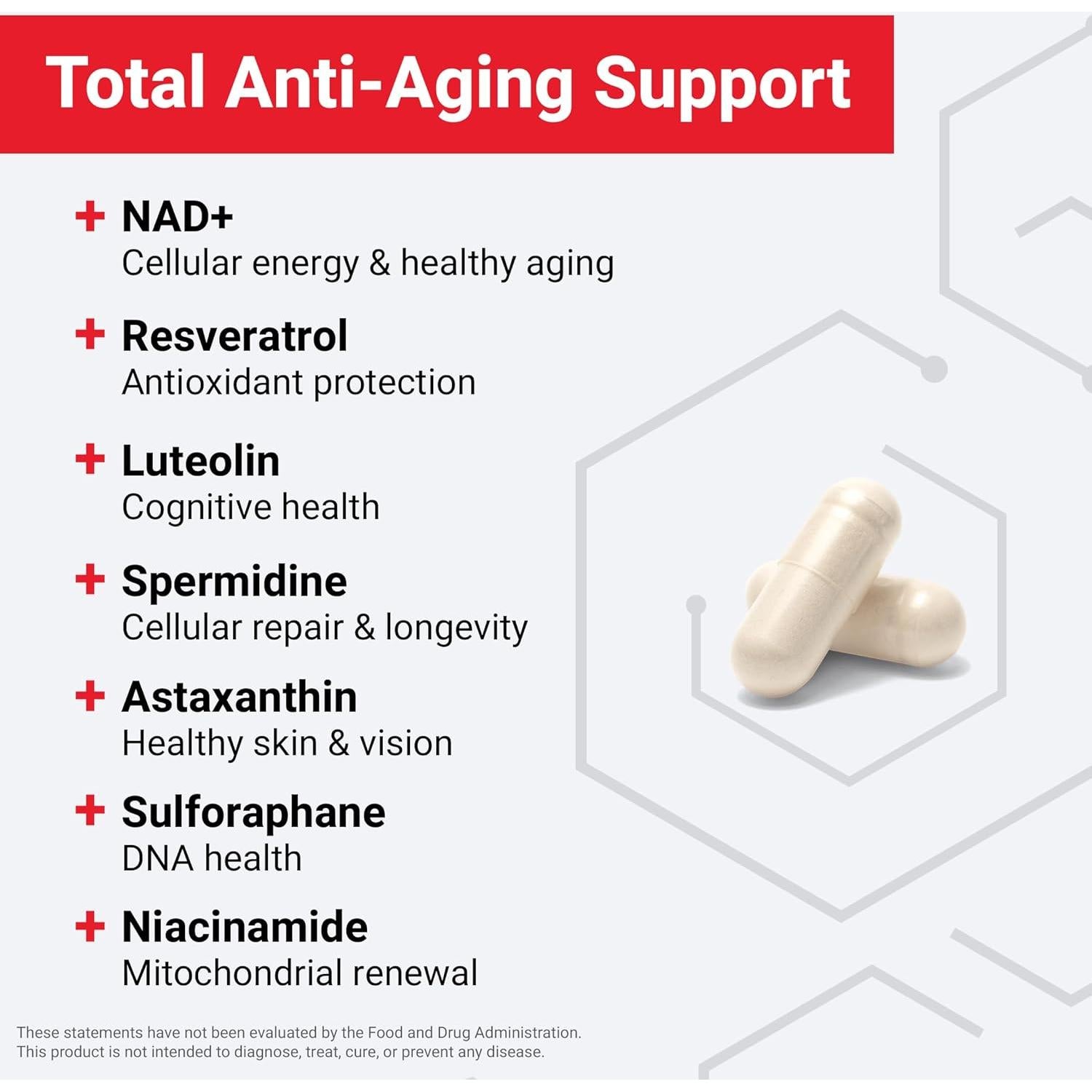 Suplemento NAD+ Force Factor 60 Cápsulas Antienvejecimiento