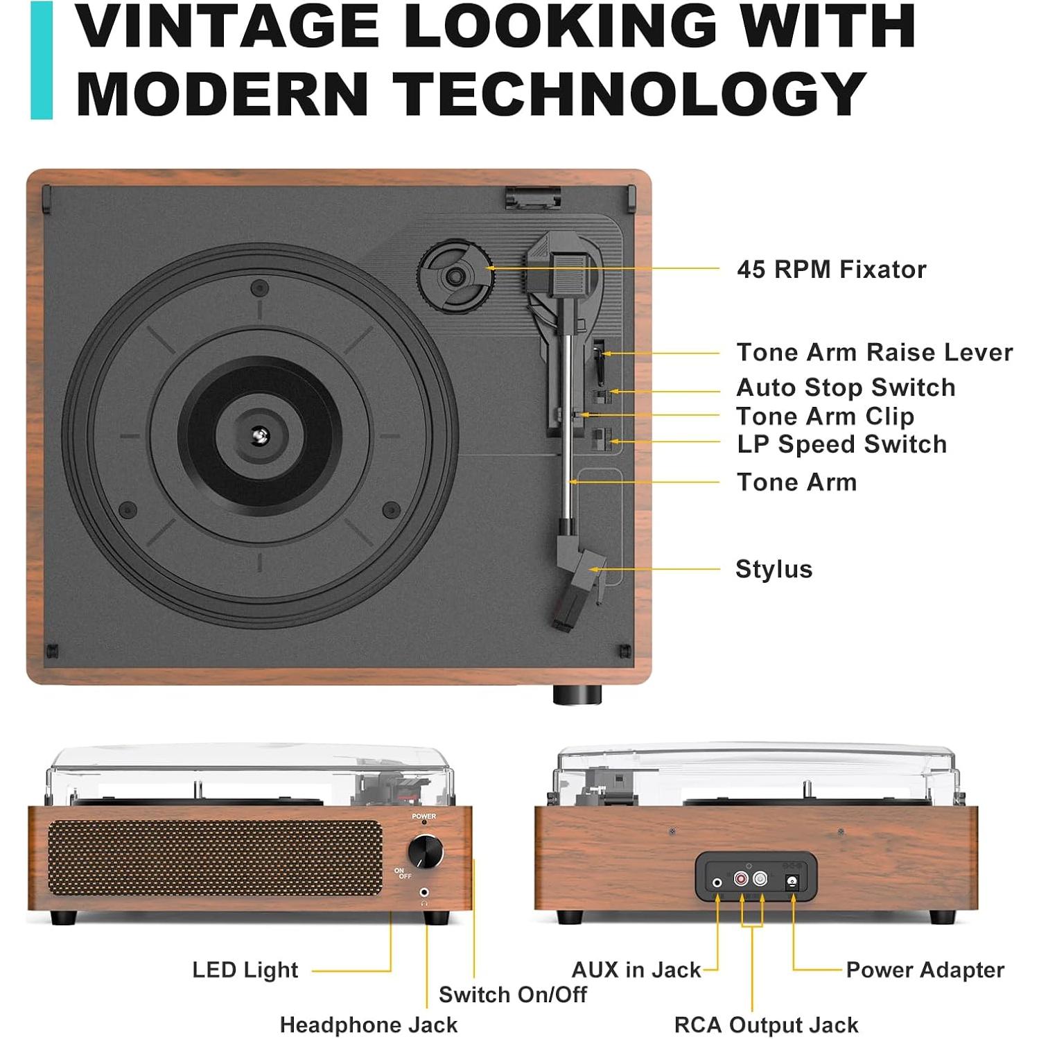 Tocadiscos Vintage WOCKODER R608 con Bluetooth y Altavoces