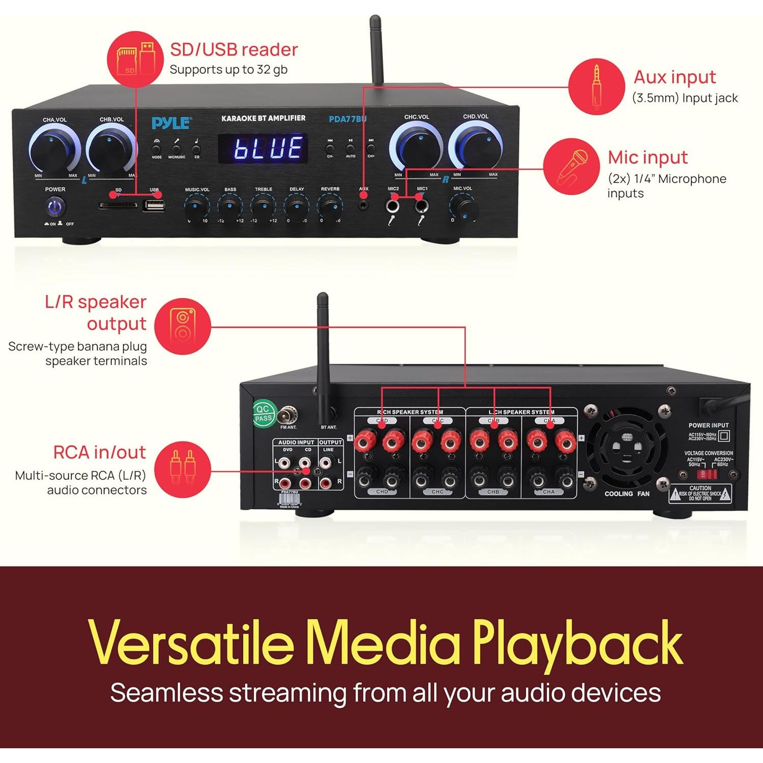 Amplificador Estéreo Bluetooth Pyle PDA77BU 800W 4 Canales