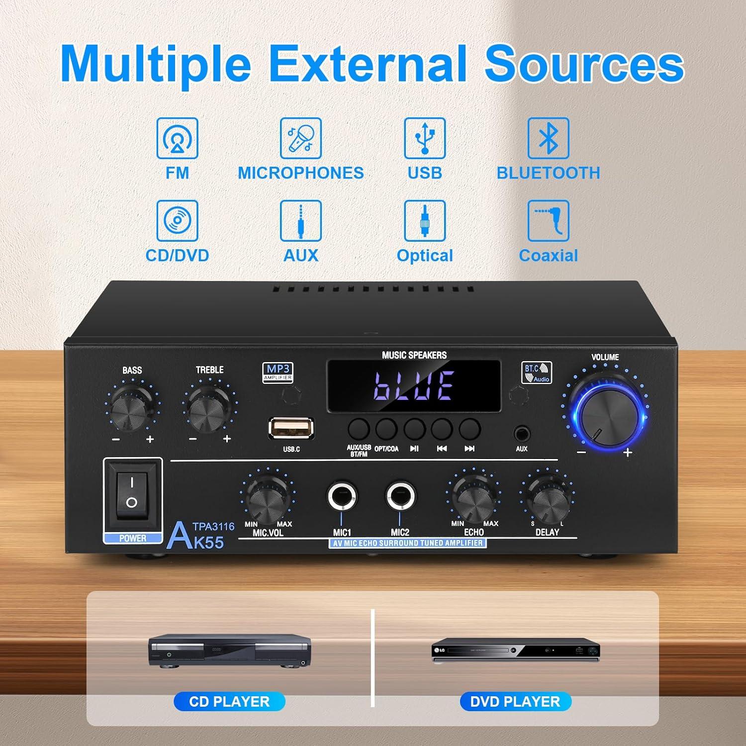 Amplificador Estéreo Romicta AK55 500W Bluetooth 5.0 2 Canales