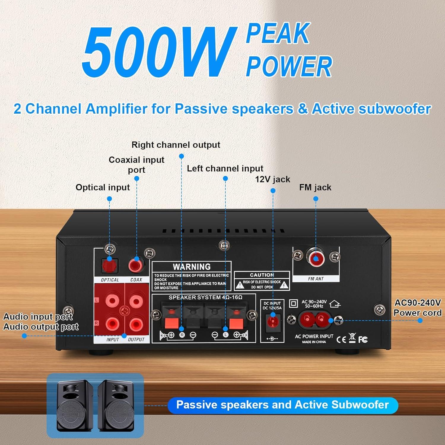 Amplificador Estéreo Romicta AK55 500W Bluetooth 5.0 2 Canales