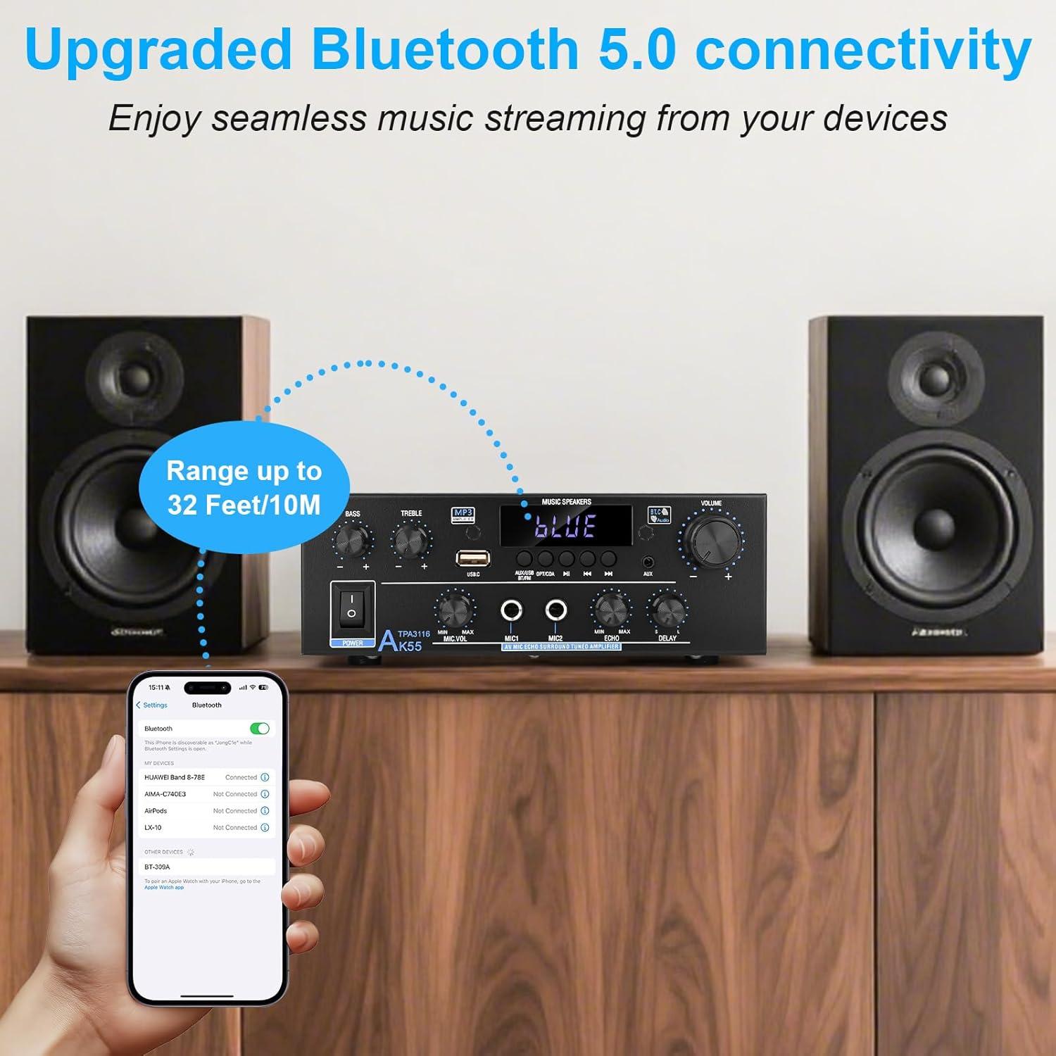 Amplificador Estéreo Romicta AK55 500W Bluetooth 5.0 2 Canales