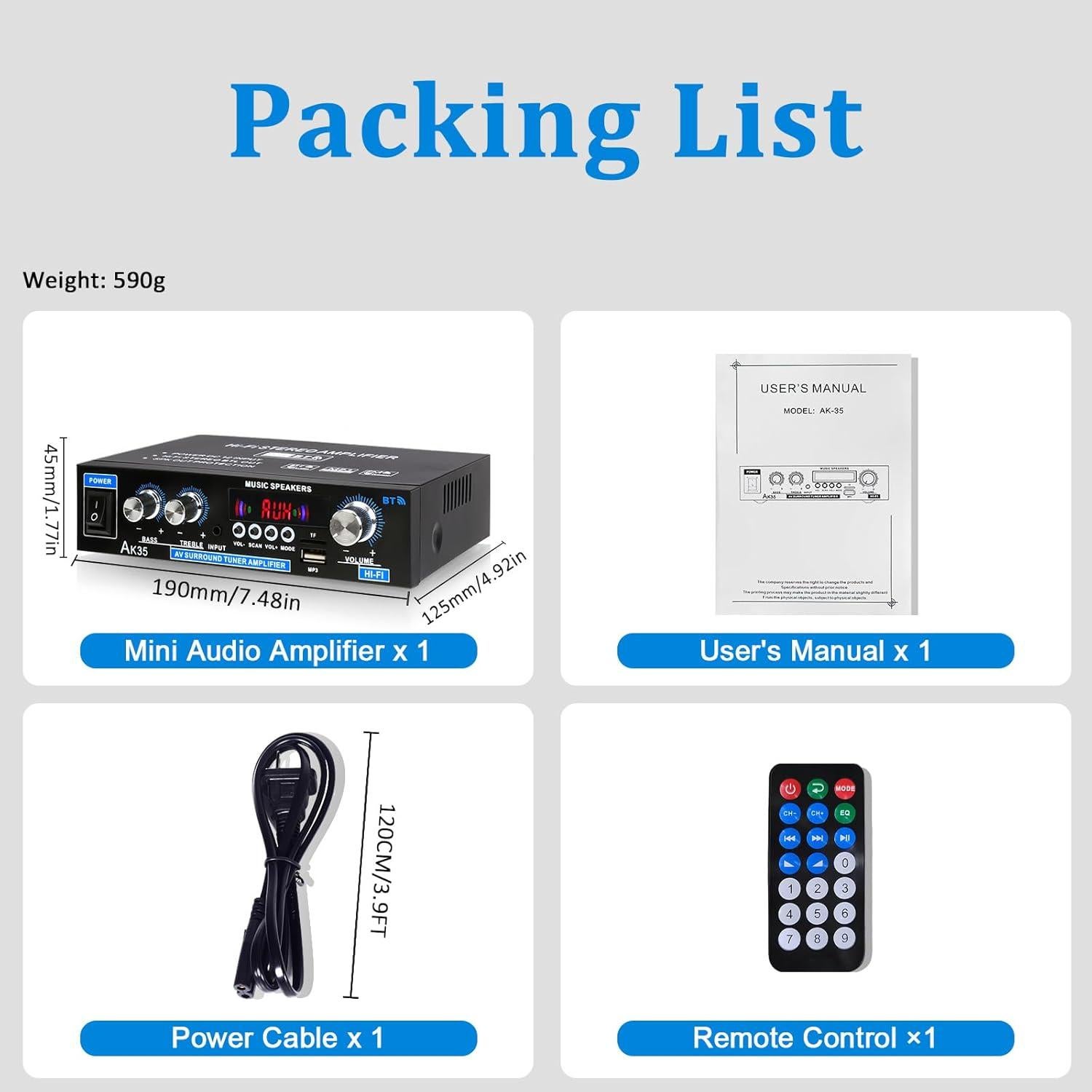 Amplificador Estéreo AK35 200W Bluetooth 5.0 2.0 Canales