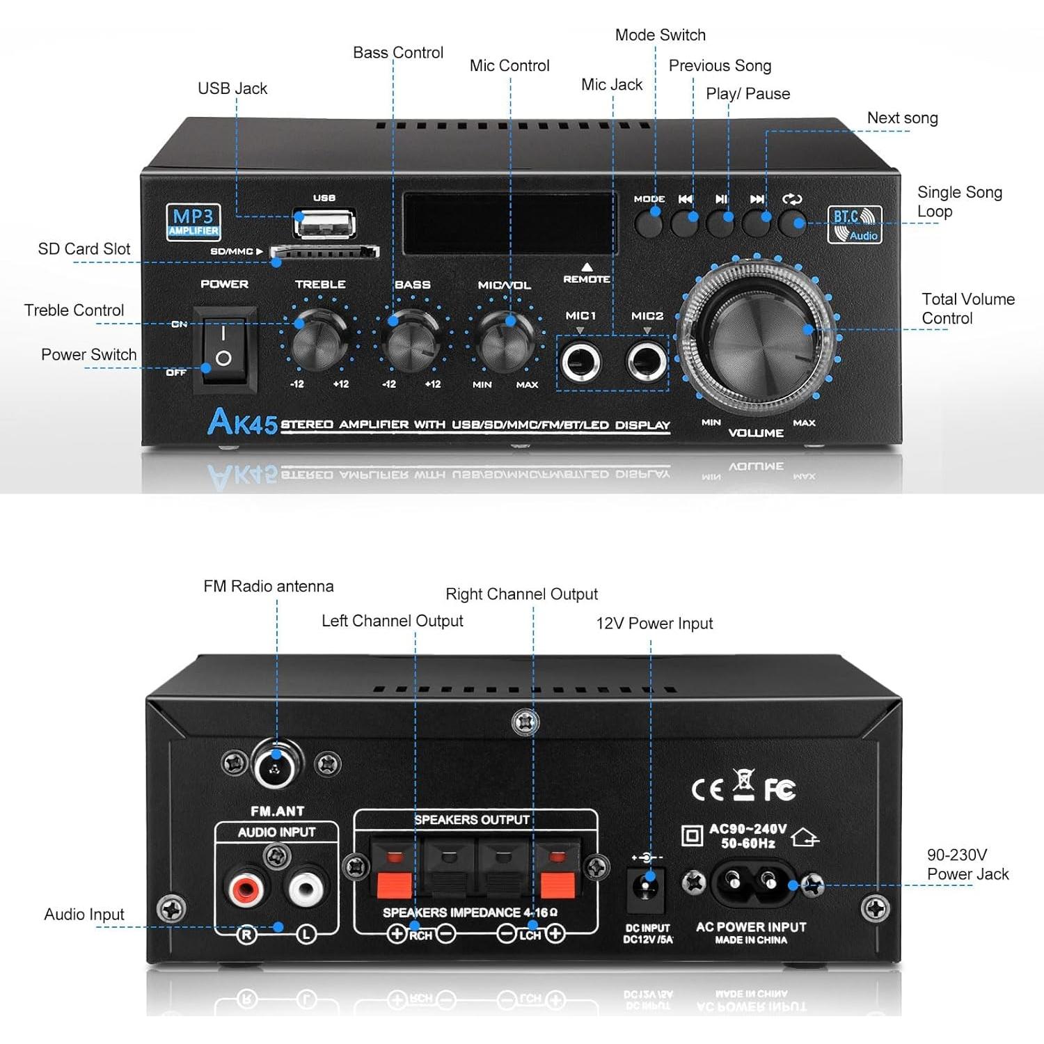 Amplificador de Potencia Dmyond AK45 Bluetooth 100W 2 Canales