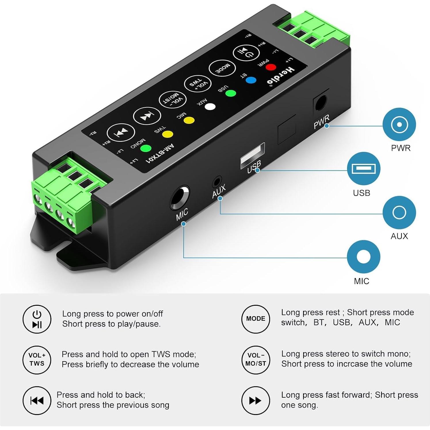 Amplificador Herdio 4 Canales Bluetooth 5.0 200W Montaje Pared