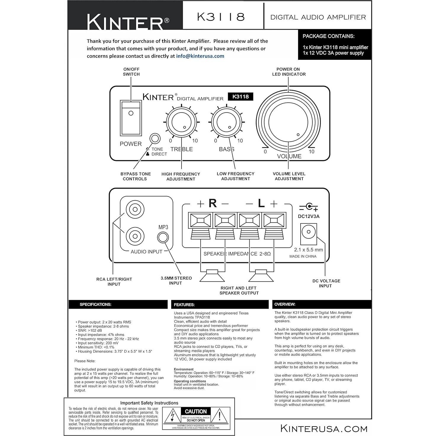Amplificador Estéreo Kinter K3118 Hi-Fi 2x15W con Fuente 12V