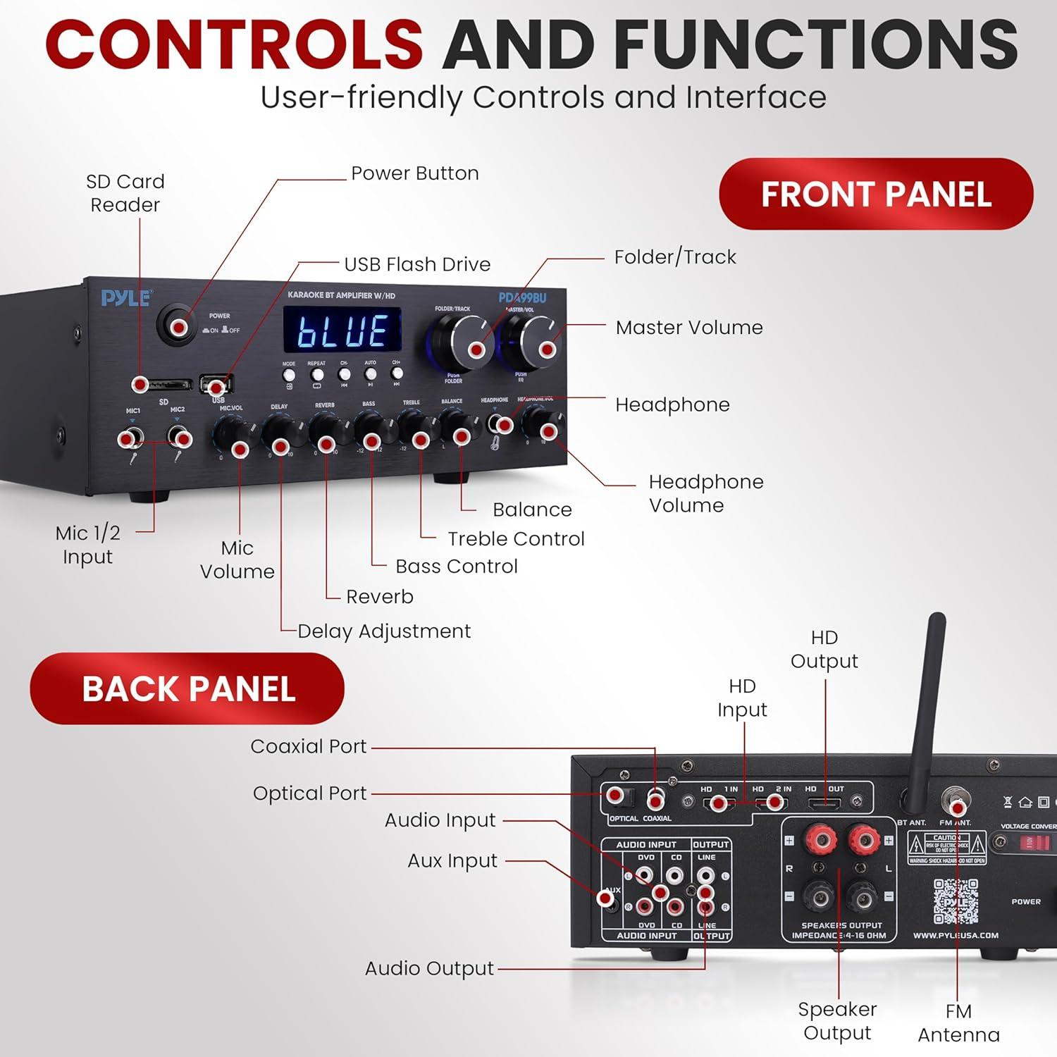Amplificador de Audio Pyle PDA99BU 300W Bluetooth Inalámbrico