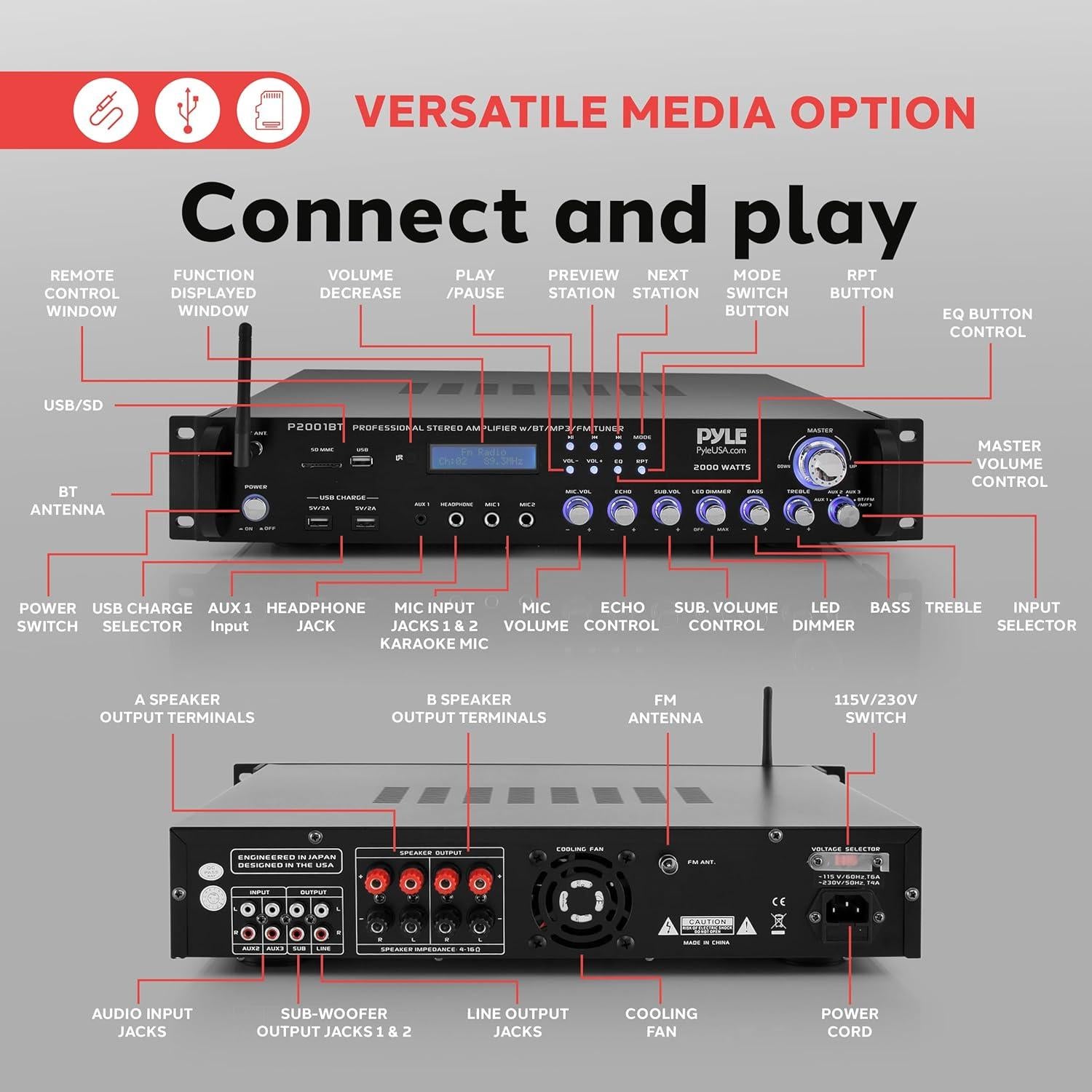 Receptor Preamplificador Bluetooth Pyle P2001BT 2000W Multicanal