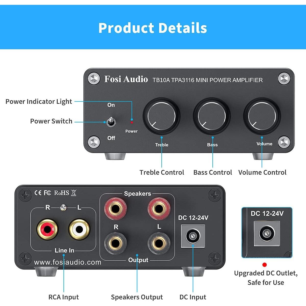 Amplificador Estéreo Fosi Audio TB10A 2.0CH 100W con Control de Graves