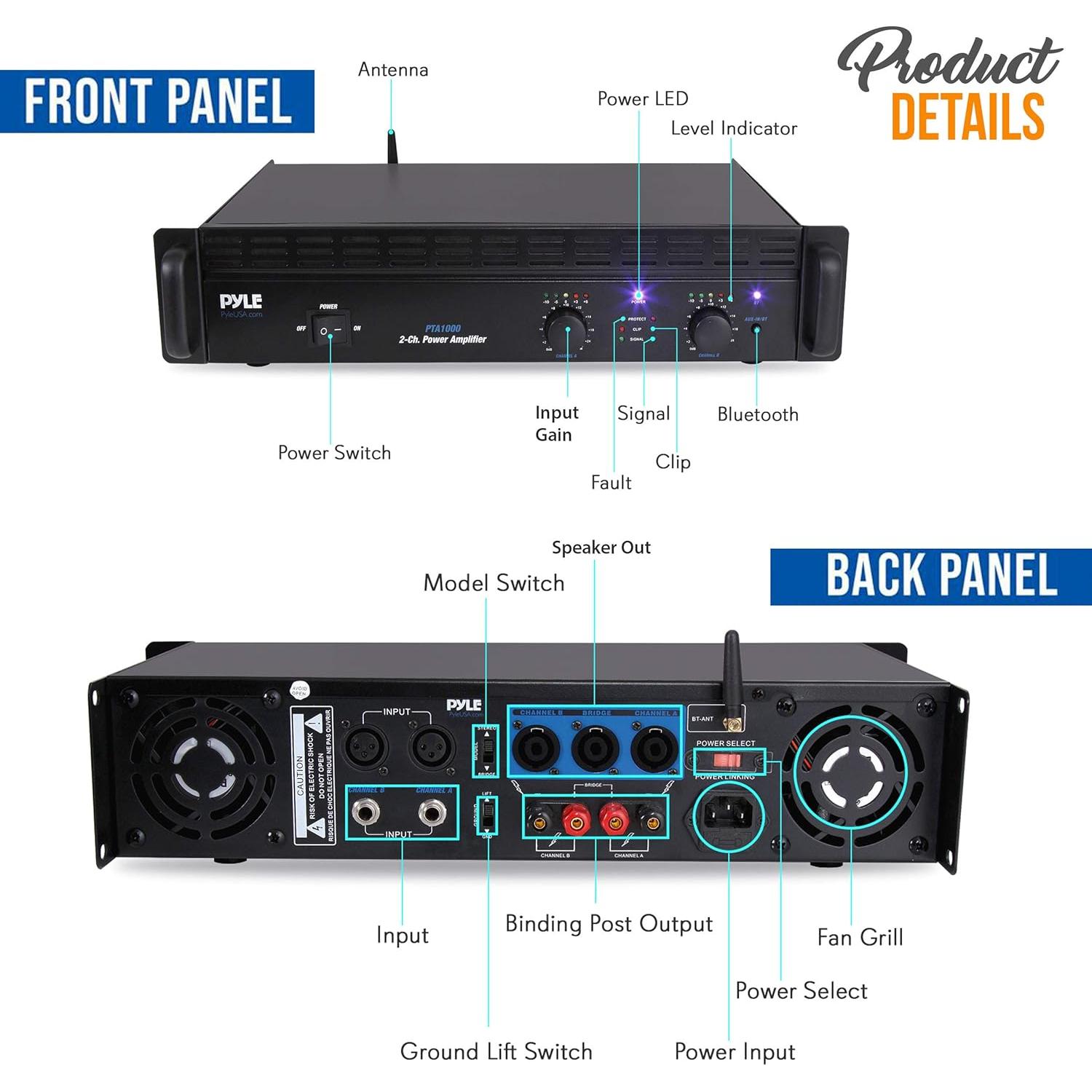 Amplificador de Potencia Bluetooth Pyle PTA1000 1000W 2 Canales