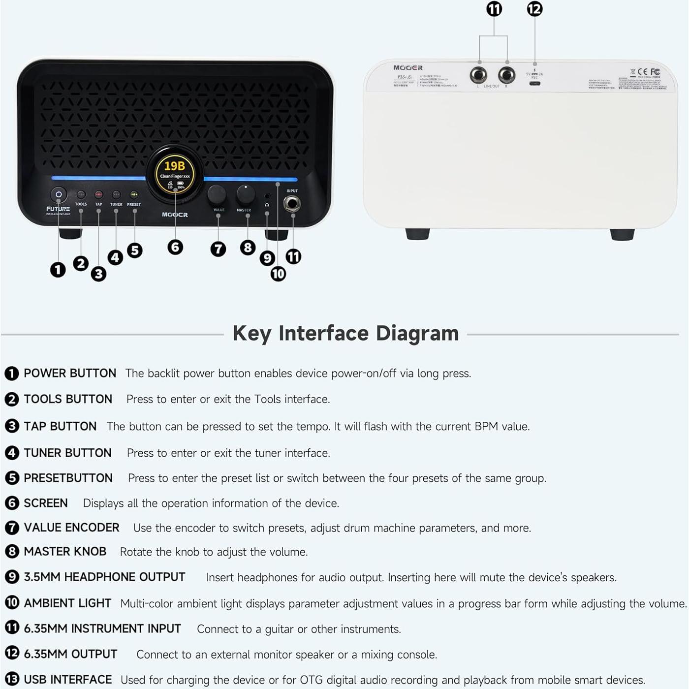 Amplificador de Guitarra MOOER F15i 15W Bluetooth Batería 6h
