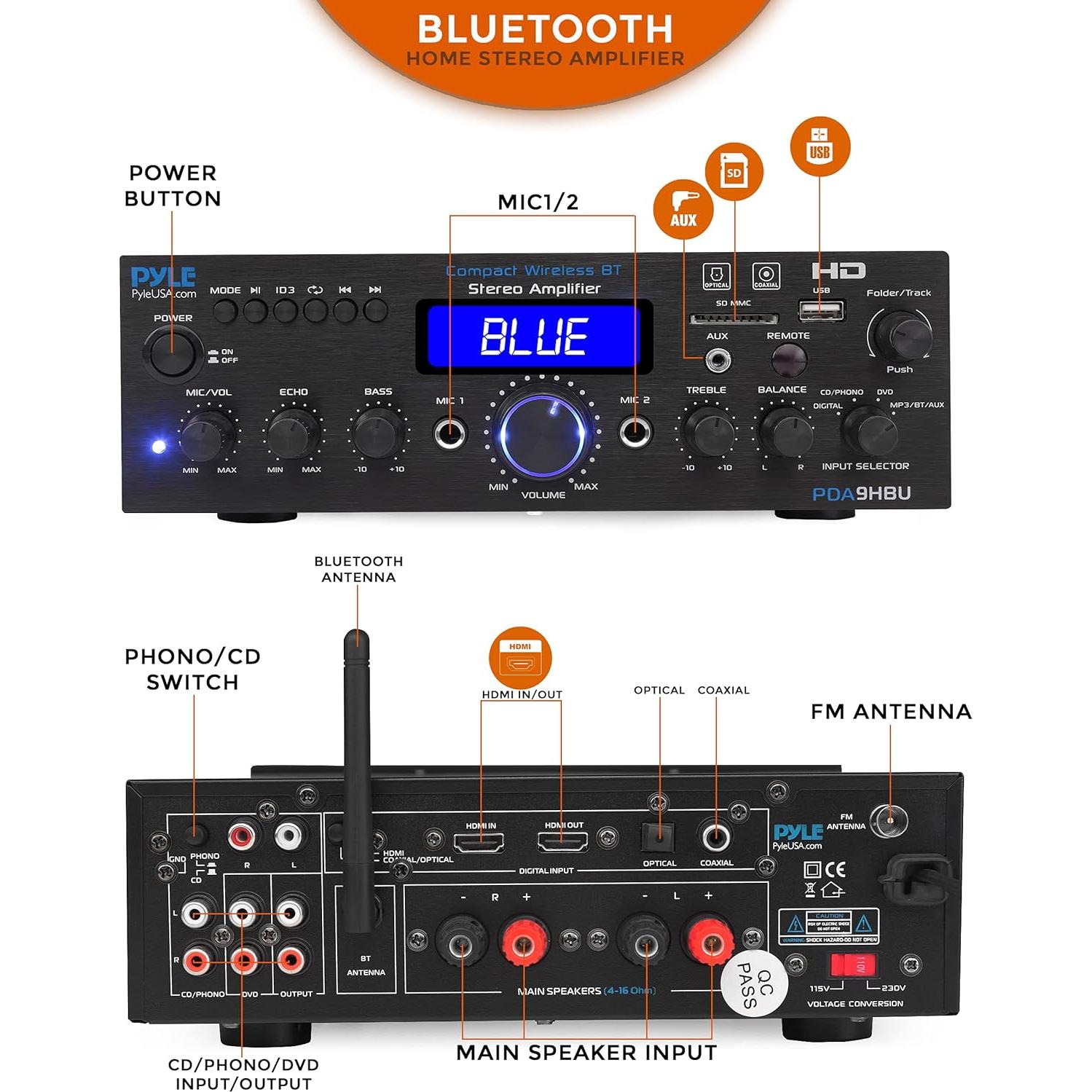 Amplificador Estéreo Inalámbrico Bluetooth Pyle PDA9HBU 200W
