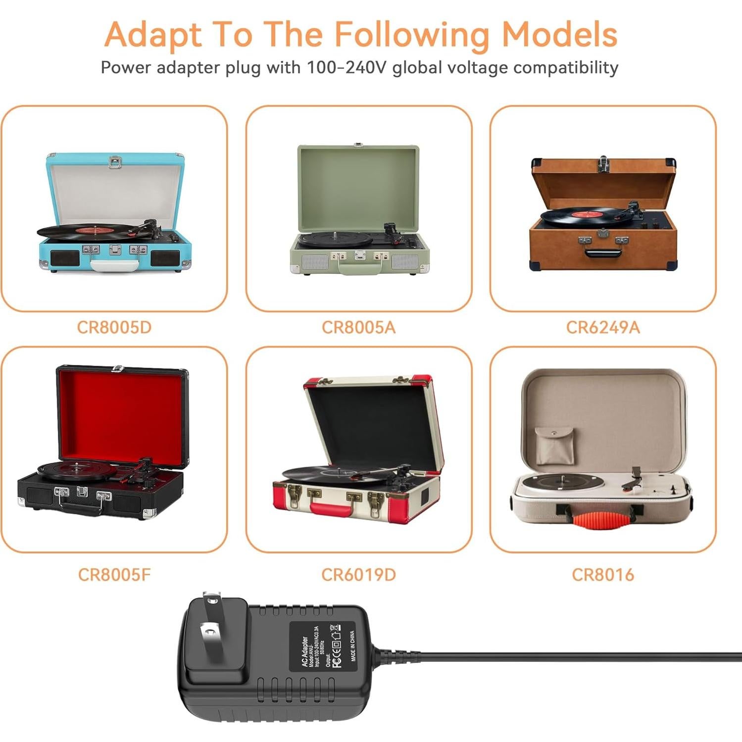 Adaptador AC/DC 9V 1A para Tocadiscos Crosley CR8005