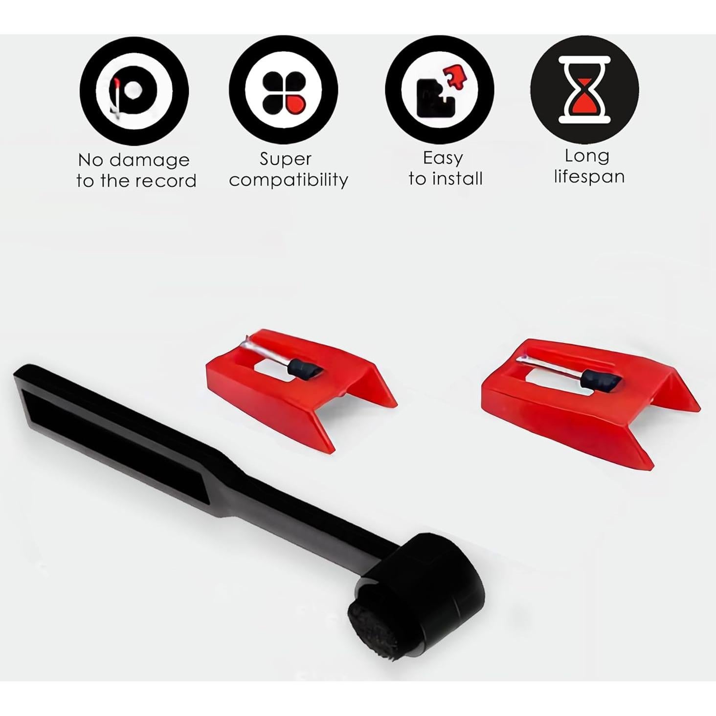 Agujas de Tocadiscos Rojo 2pcs + Cepillo de Limpieza Estiló