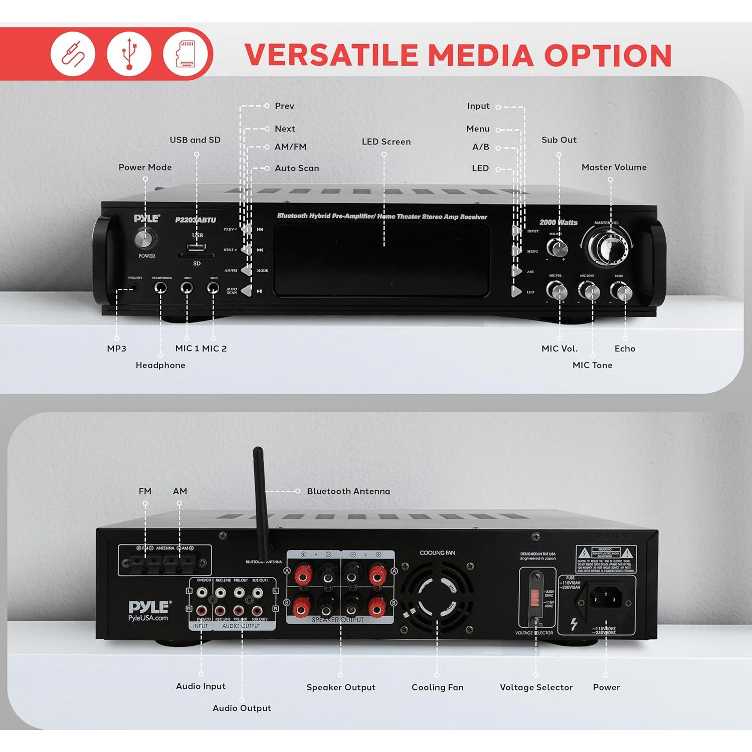 Amplificador de Potencia Pyle P2203ABTU - 2000W Bluetooth 4 Canales