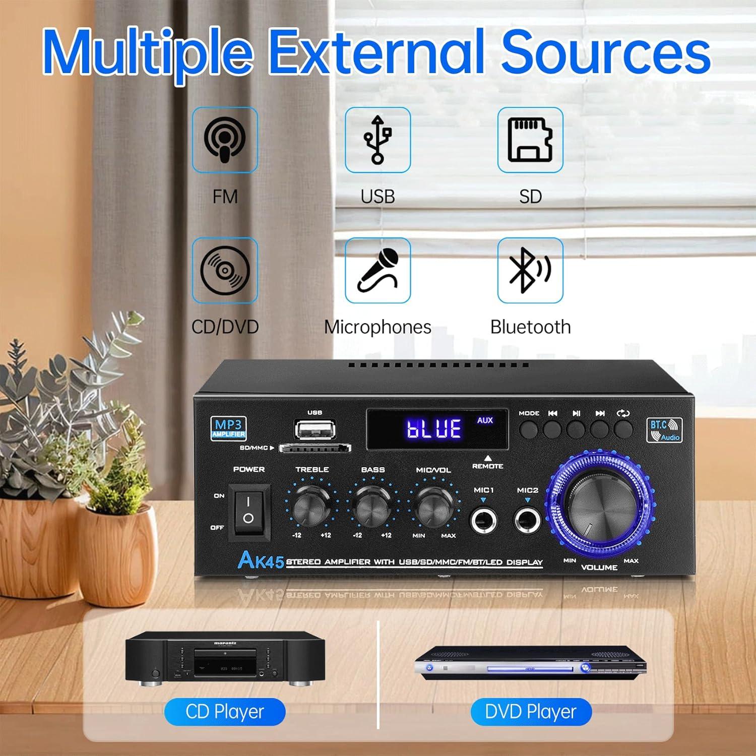 Amplificador Estéreo Daakro AK45 300W Bluetooth 5.0 2 Canales