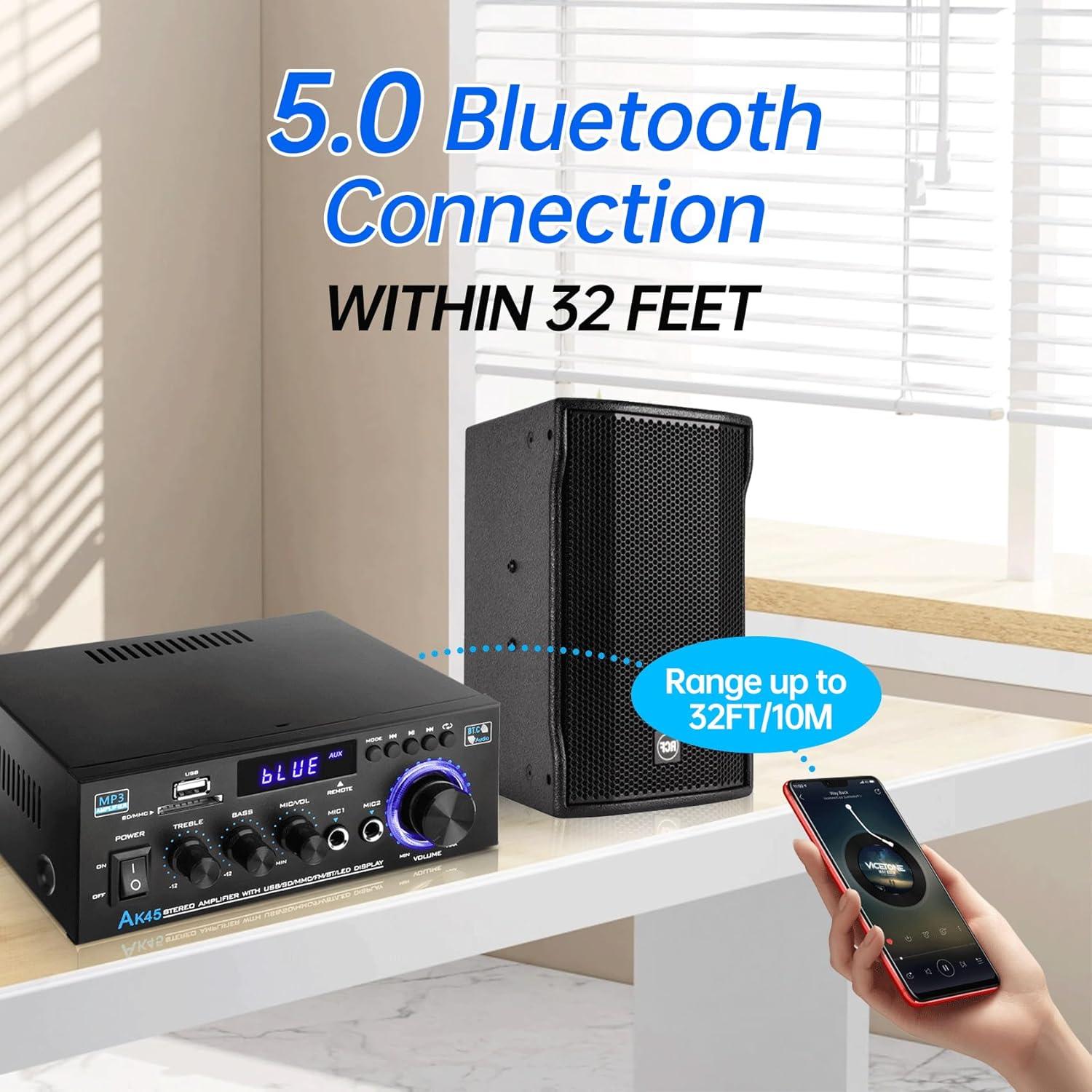 Amplificador Estéreo Daakro AK45 300W Bluetooth 5.0 2 Canales