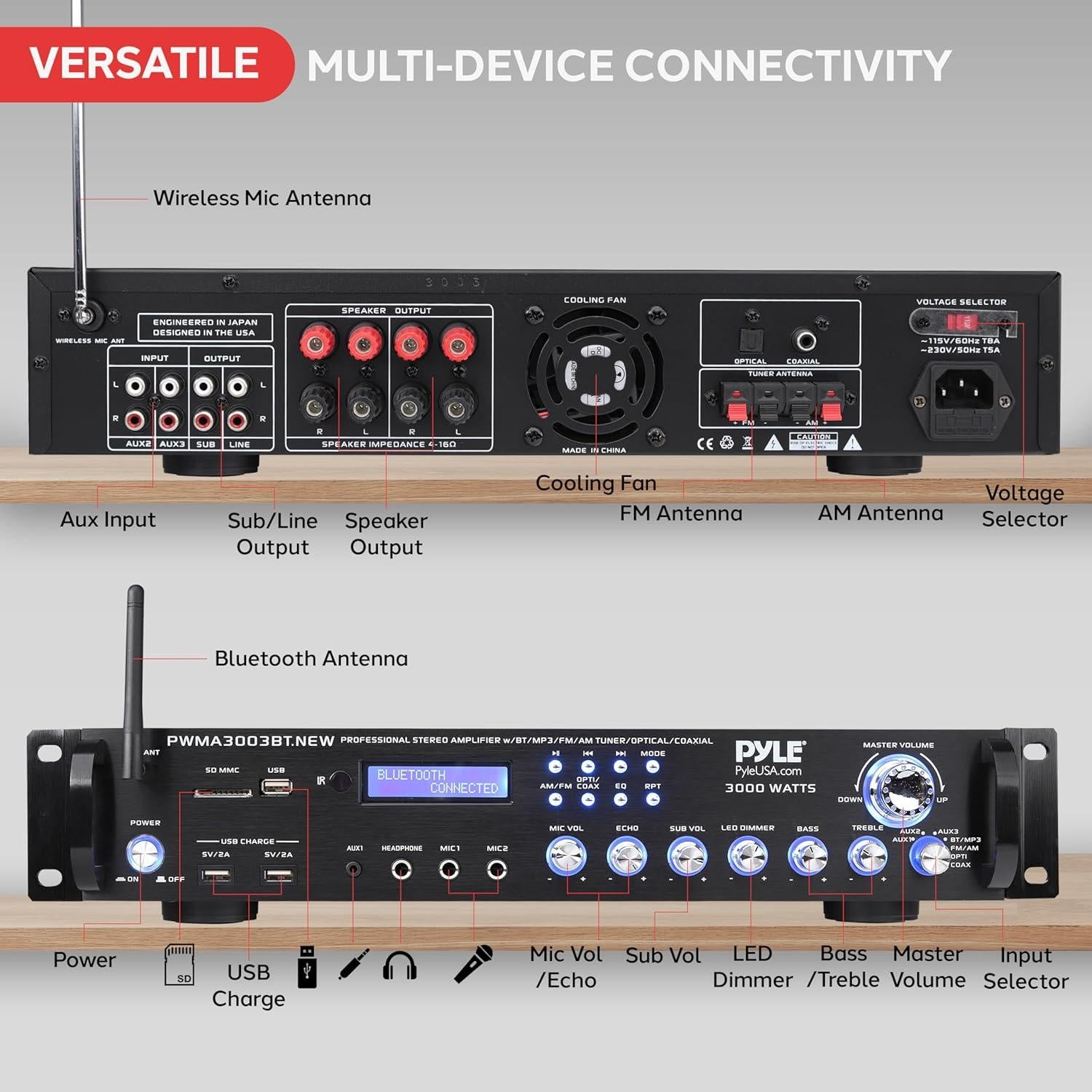 Amplificador de Potencia Pyle PWMA3003BT 3000W Bluetooth 4 Canales