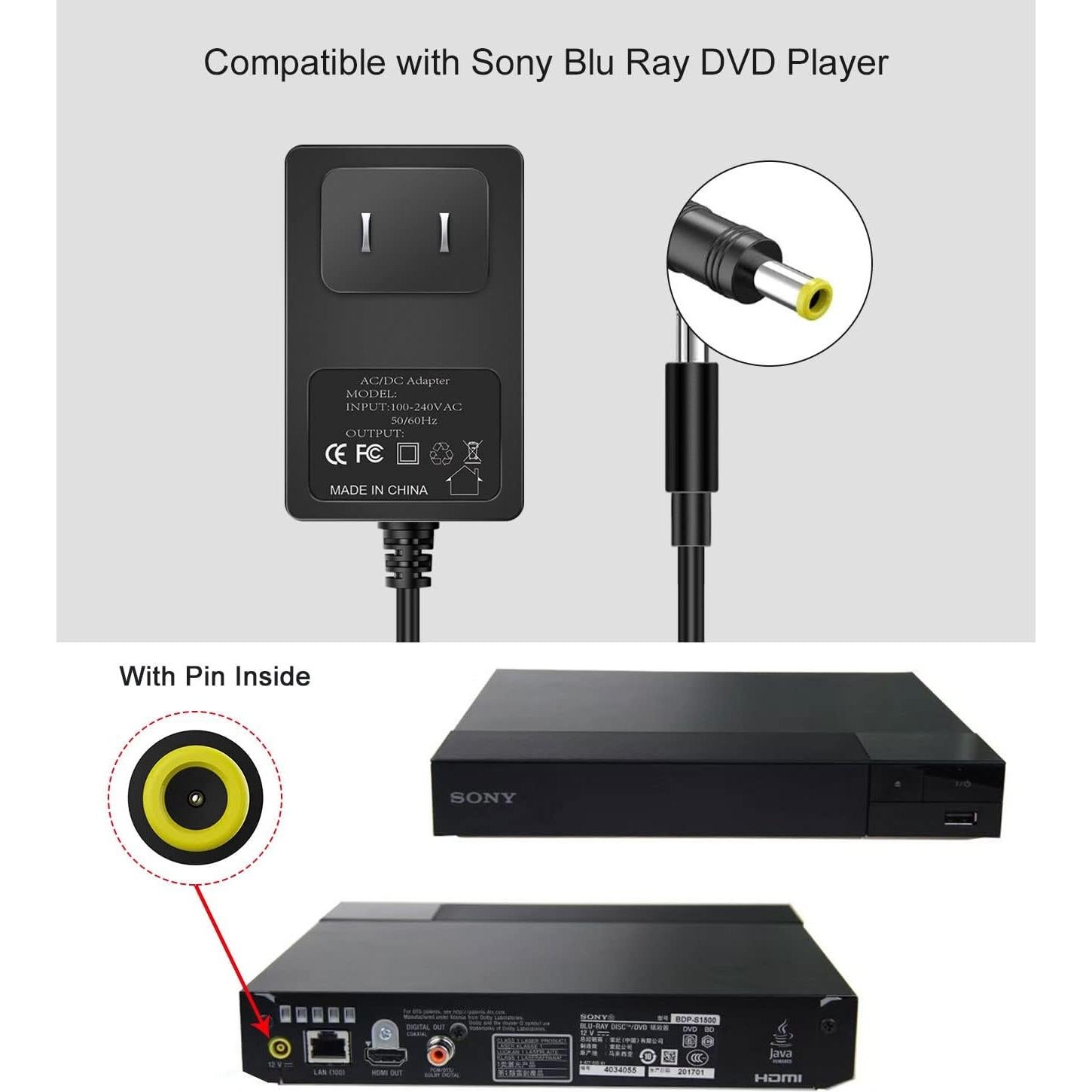 Adaptador de CA 12V Lantisri para Reproductores Blu Ray Sony