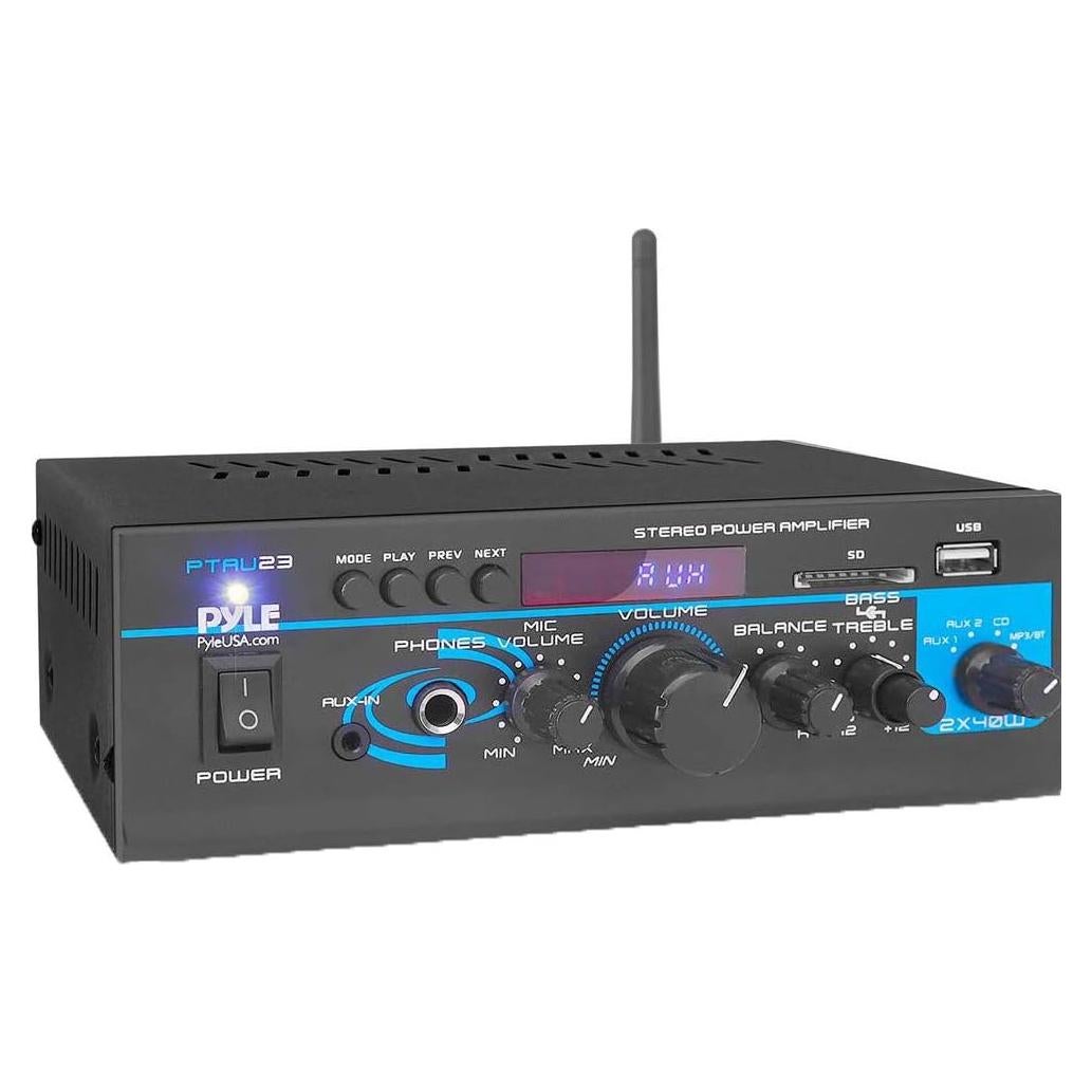 Pyle Home Audio Bluetooth Power Amplifier System - 2X40W Mini Dual Channel Mixer Sound Stereo Receiver Box with RCA, USB, AUX, Headphone, Mic Input, Theater, Home Entertainment, Studio Use, PTAU23