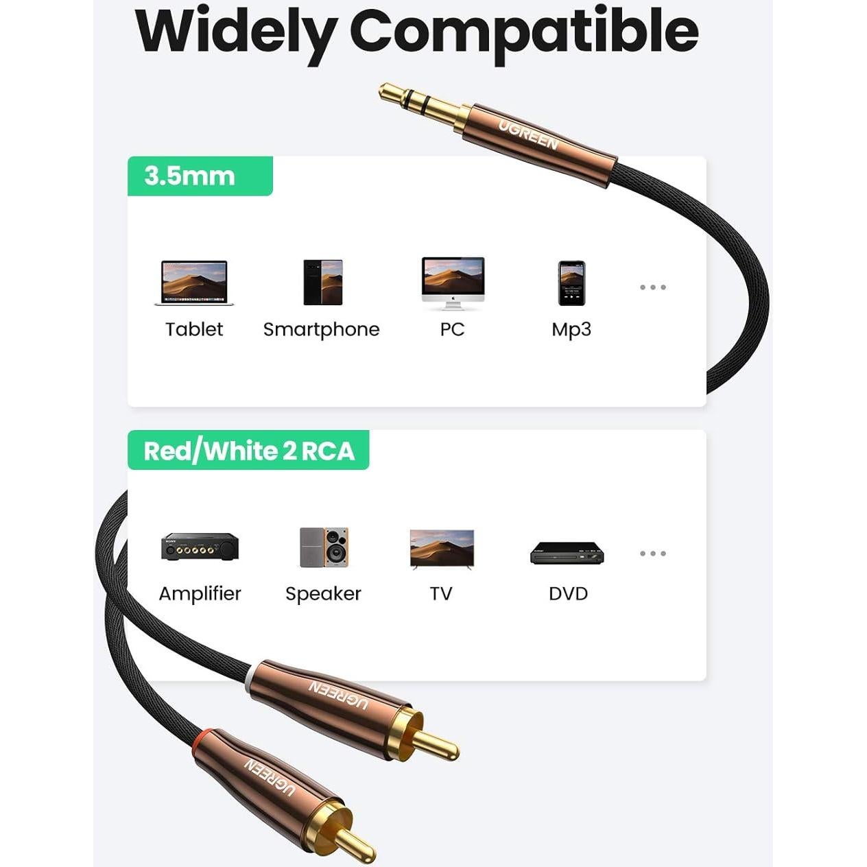 Cable de Audio Estéreo UGREEN 3.5mm a 2 RCA 1.0m Trenzado