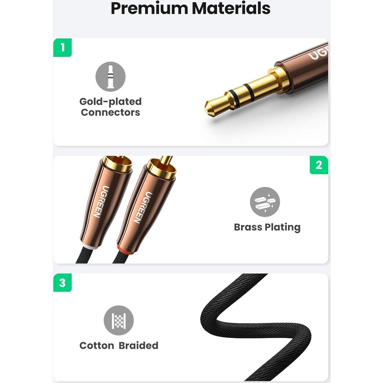 Cable de Audio Estéreo UGREEN 3.5mm a 2 RCA 1.0m Trenzado