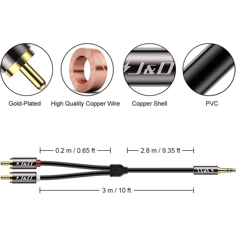 Cable de Audio Estéreo J&D 3.5mm a 2 RCA 3.05m Dorado
