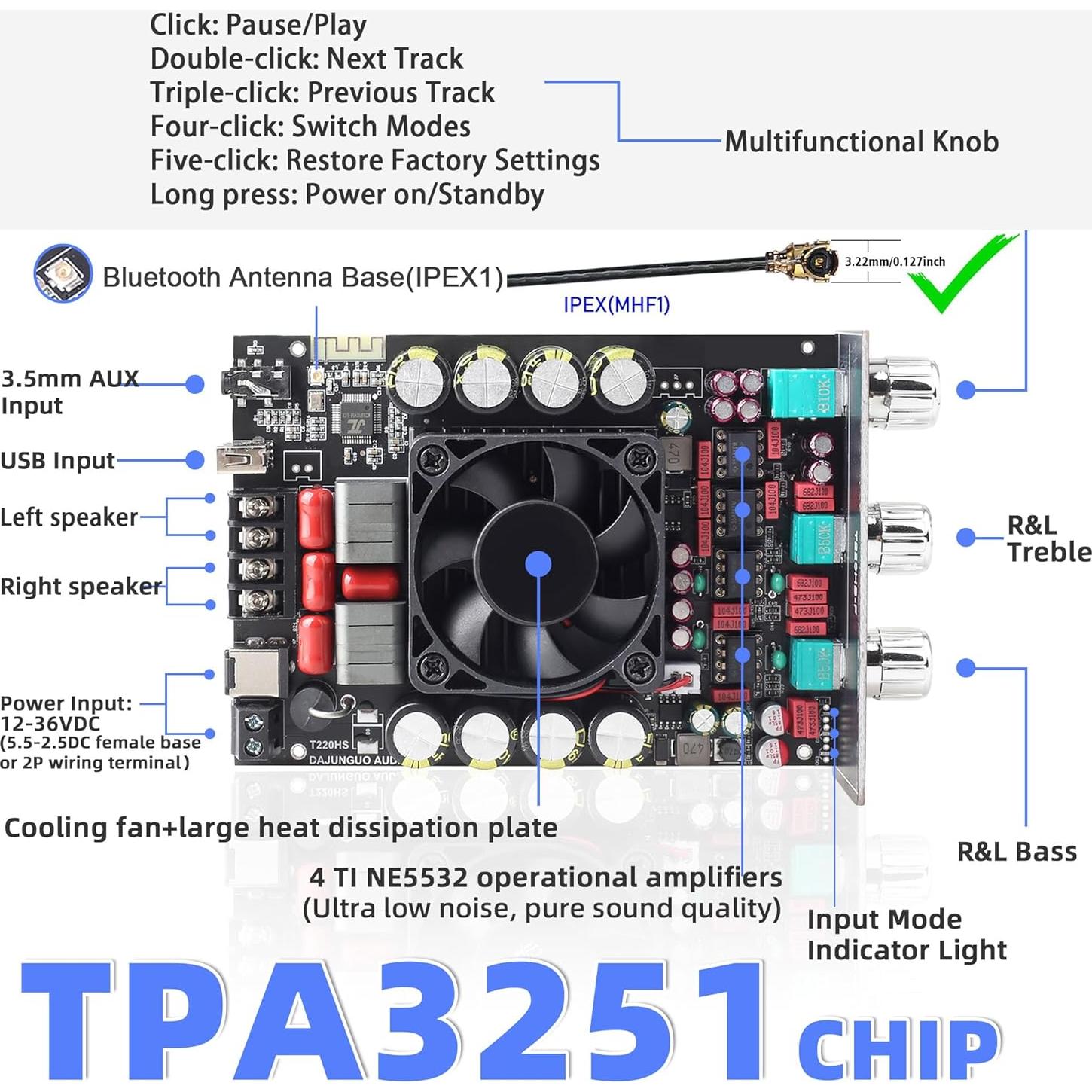 Placa Amplificador DAMGOO T220HS 440W Bluetooth 5.2 AUX
